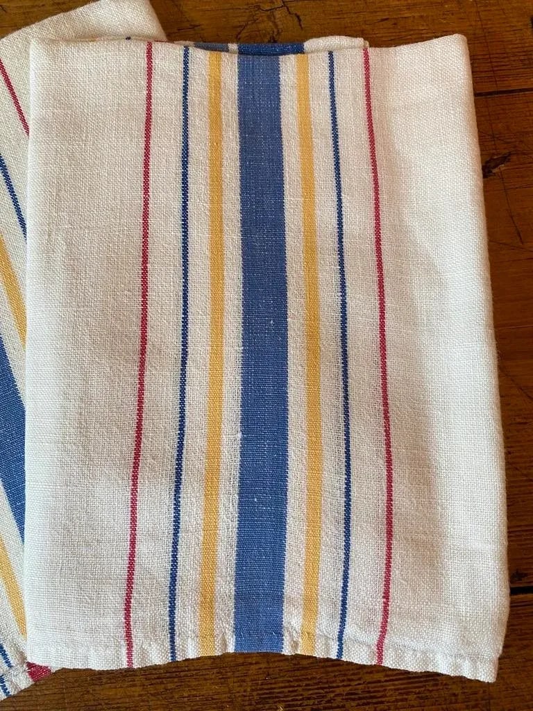 Pair of Vintage Linen Tea Towels, Multi-Color Stripes - 3