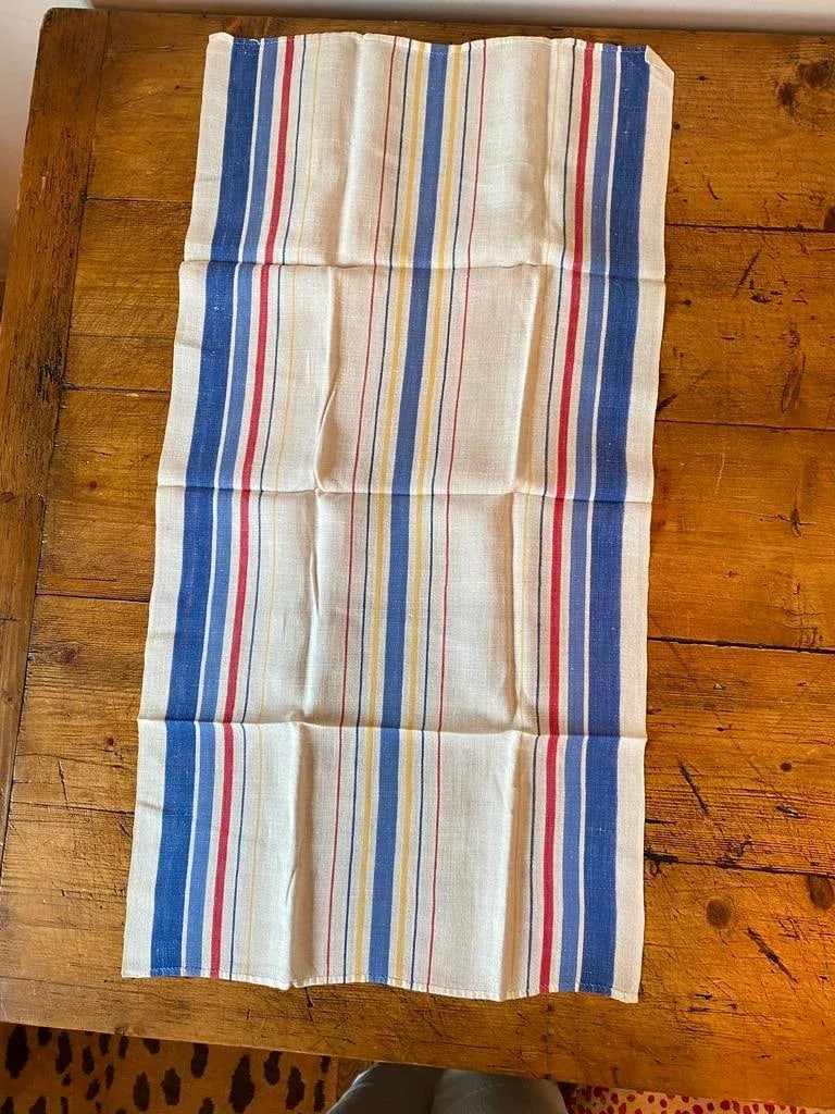 Pair of Vintage Linen Tea Towels, Multi-Color Stripes - 4
