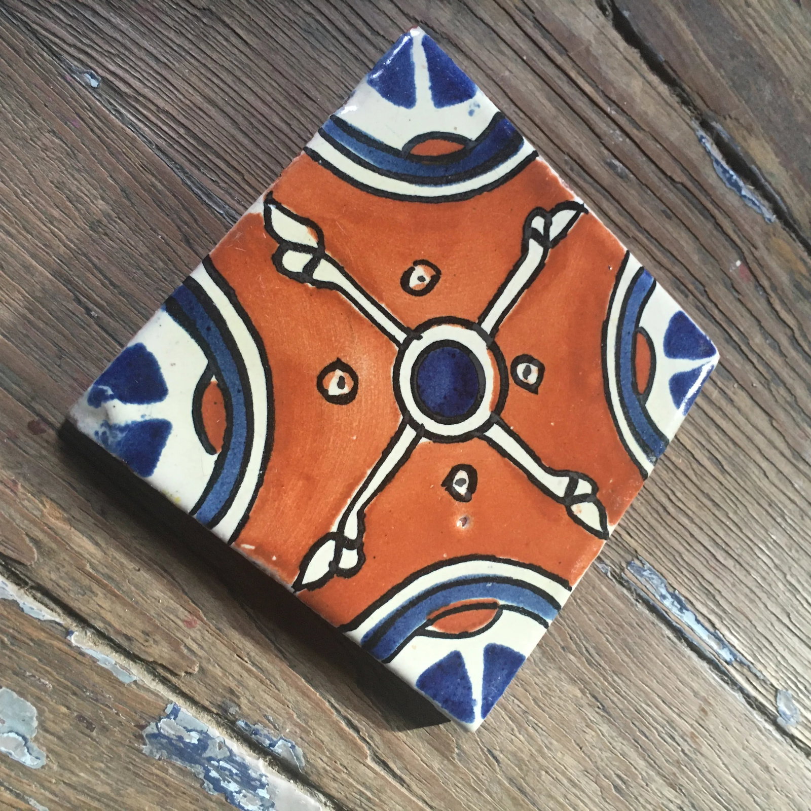 Boho Chic Hand Painted Talavera Terra Cotta Tile - 2