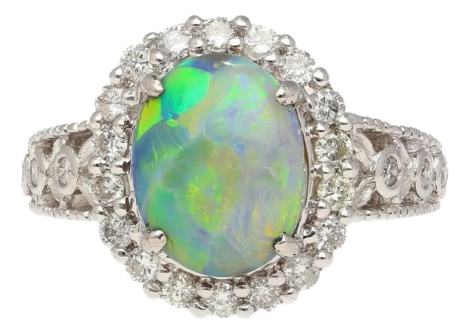 3.50 Carat Black Opal & Diamond Halo Platinum Filigree Ring Size 7.75 (1 of 10)