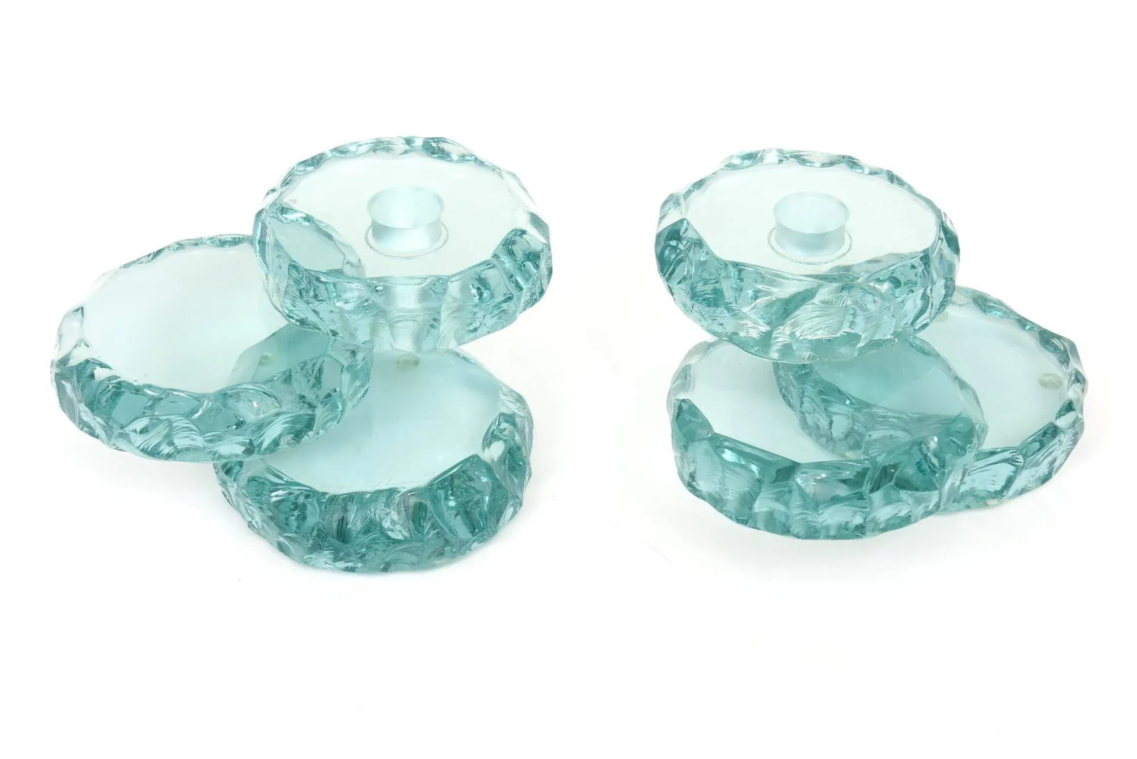 Vintage Studio Sea Green Glass Tiered Candlesticks Pair Of, Signed - 2
