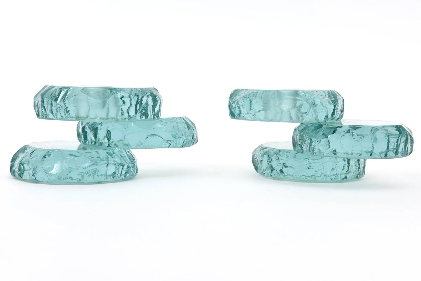 Vintage Studio Sea Green Glass Tiered Candlesticks Pair Of, Signed - 3