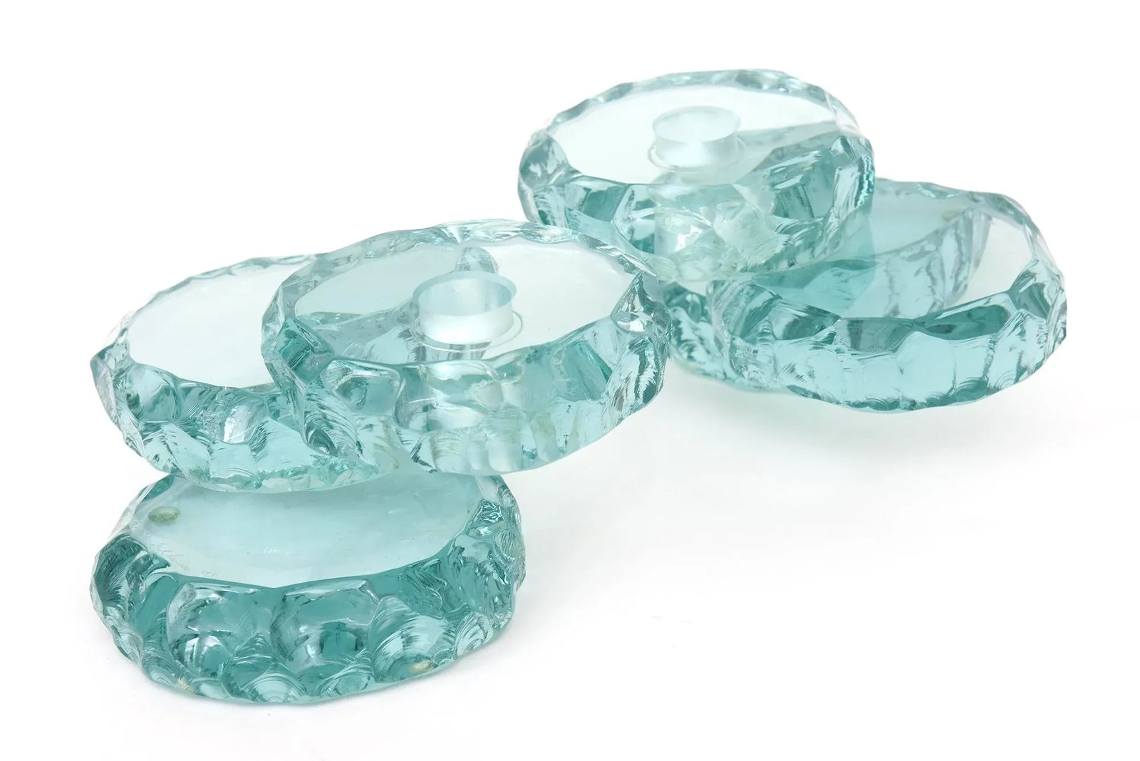 Vintage Studio Sea Green Glass Tiered Candlesticks Pair Of, Signed - 4