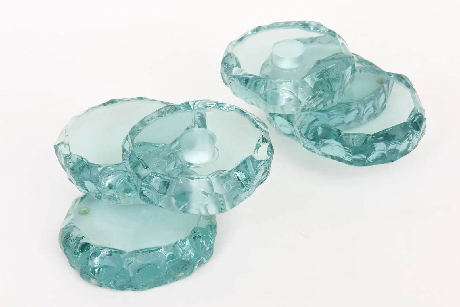 Vintage Studio Sea Green Glass Tiered Candlesticks Pair Of, Signed - 6