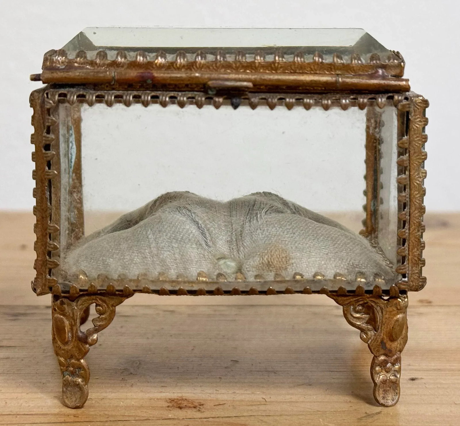 Antique Brass and Glass Vitrine Jewelry Box With Silk Cushion - 11