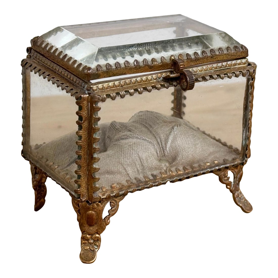 Antique Brass and Glass Vitrine Jewelry Box With Silk Cushion (1 of 11)