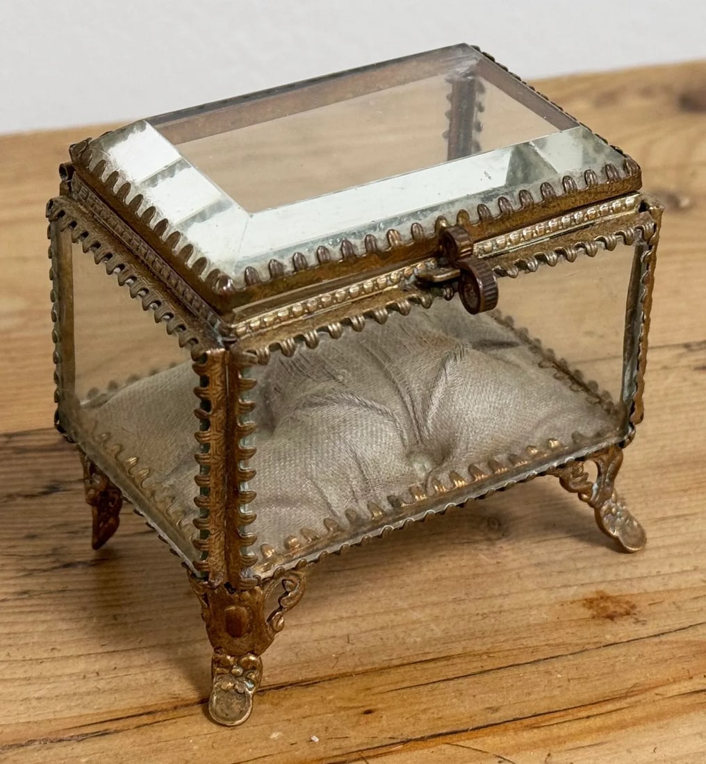 Antique Brass and Glass Vitrine Jewelry Box With Silk Cushion - 2