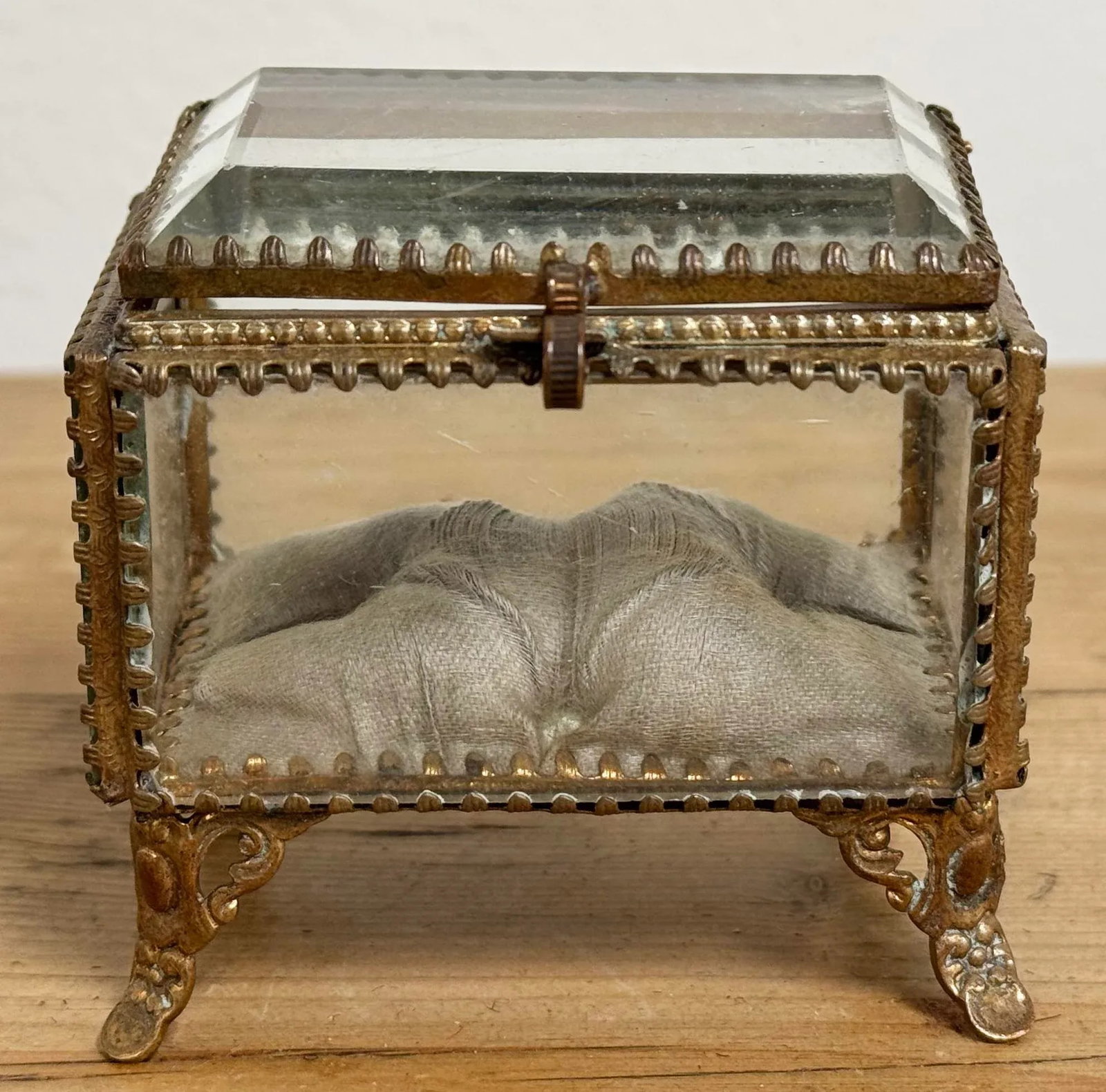 Antique Brass and Glass Vitrine Jewelry Box With Silk Cushion - 3