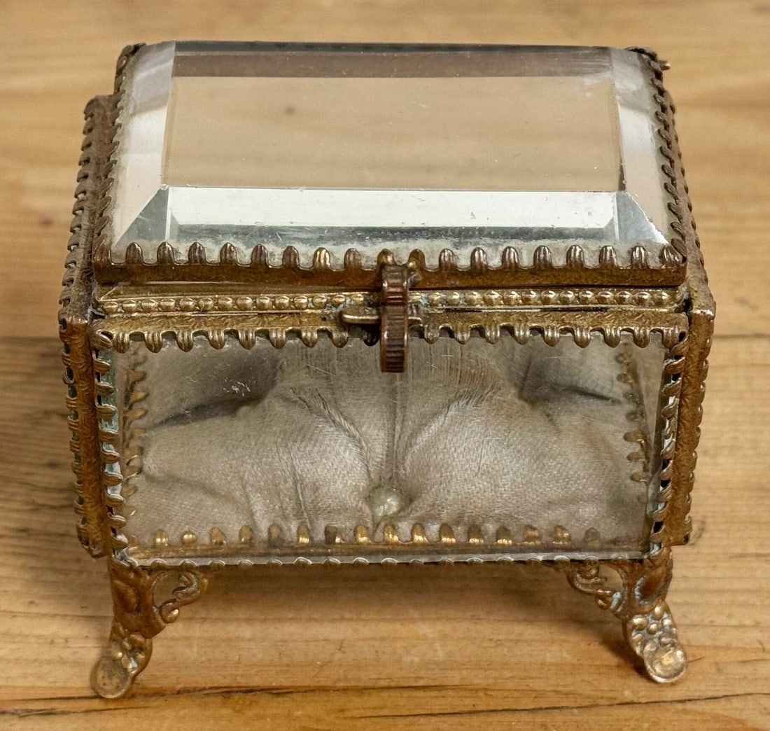 Antique Brass and Glass Vitrine Jewelry Box With Silk Cushion - 5