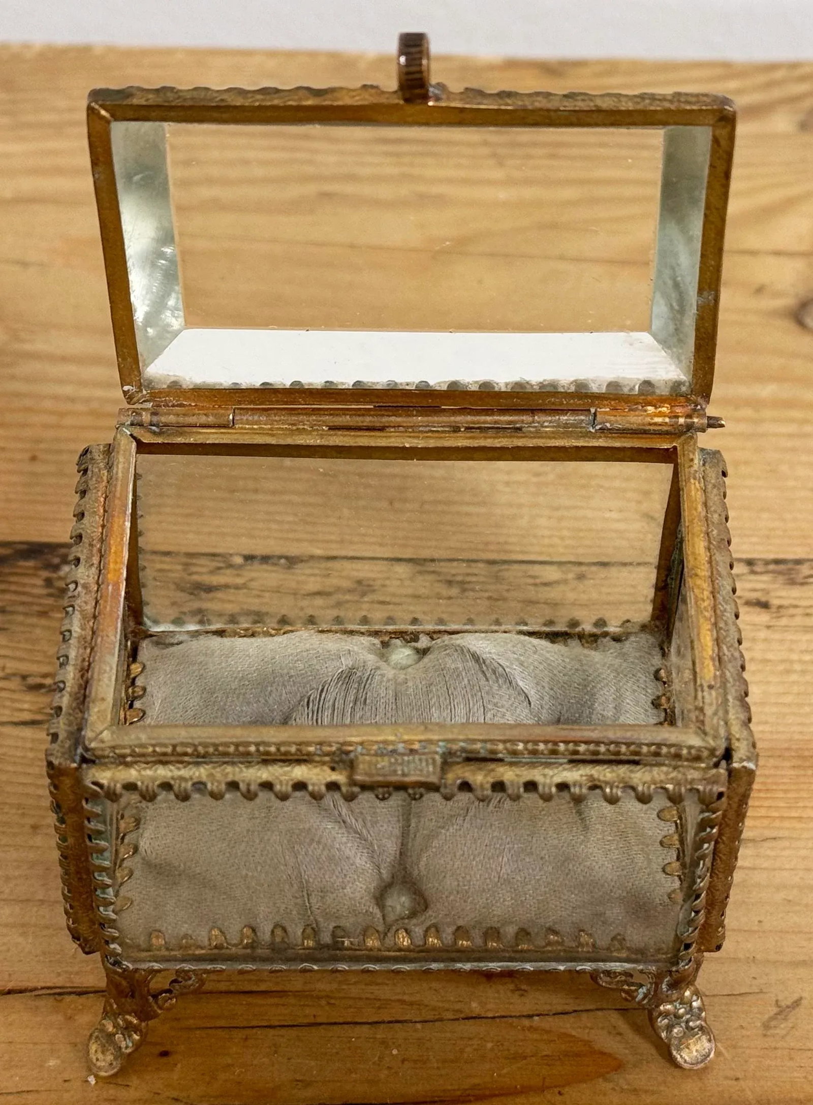 Antique Brass and Glass Vitrine Jewelry Box With Silk Cushion - 6