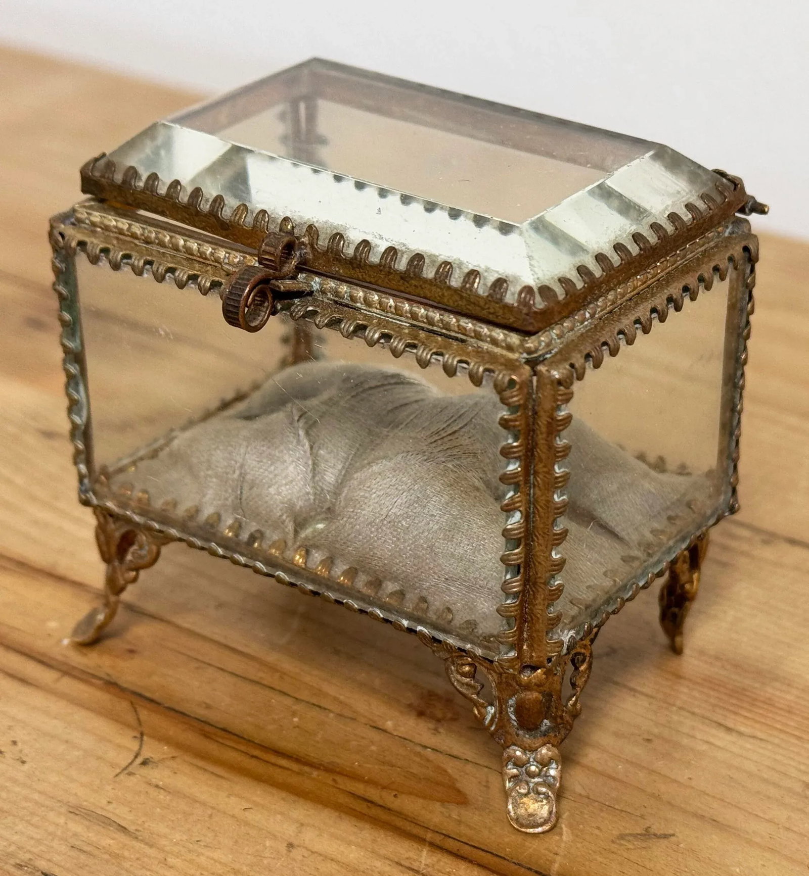 Antique Brass and Glass Vitrine Jewelry Box With Silk Cushion - 8