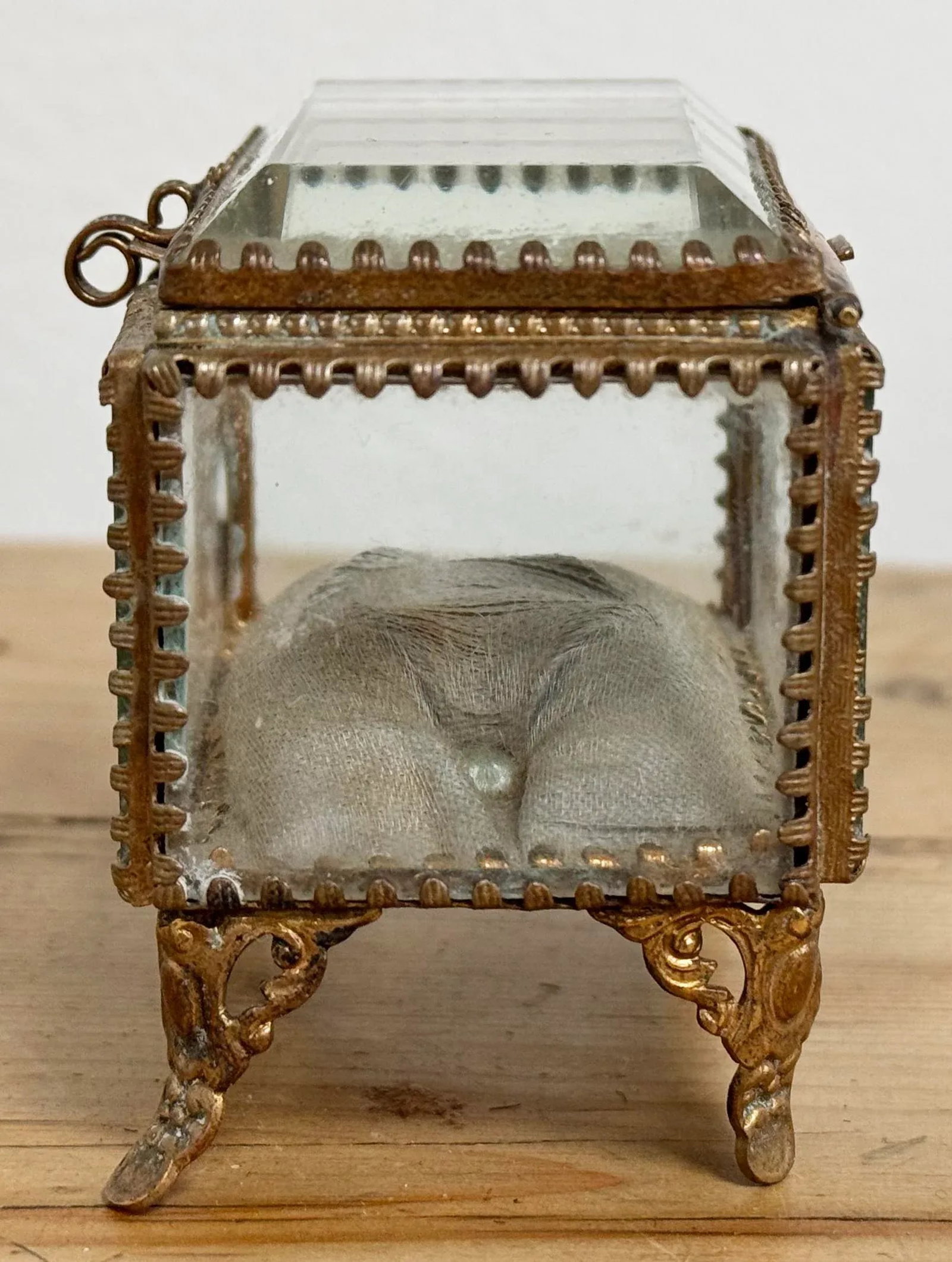 Antique Brass and Glass Vitrine Jewelry Box With Silk Cushion - 9