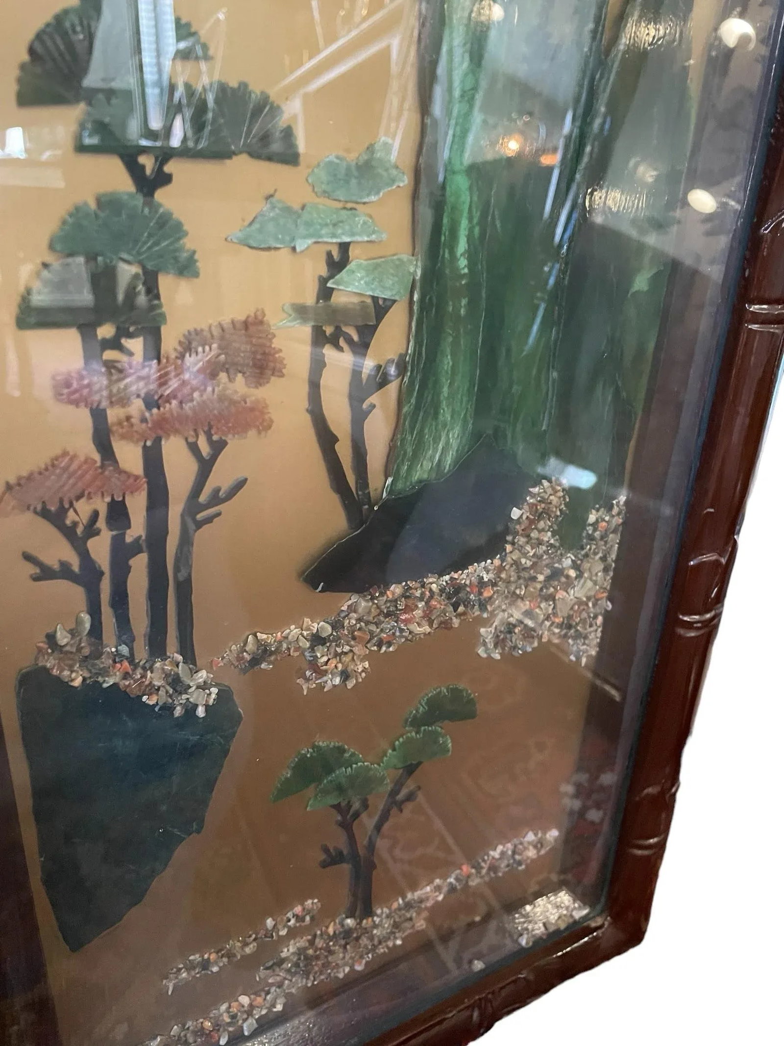 Vintage Chinese Four Seasons Inlaid Stone Four Panel Wood Screen - 10