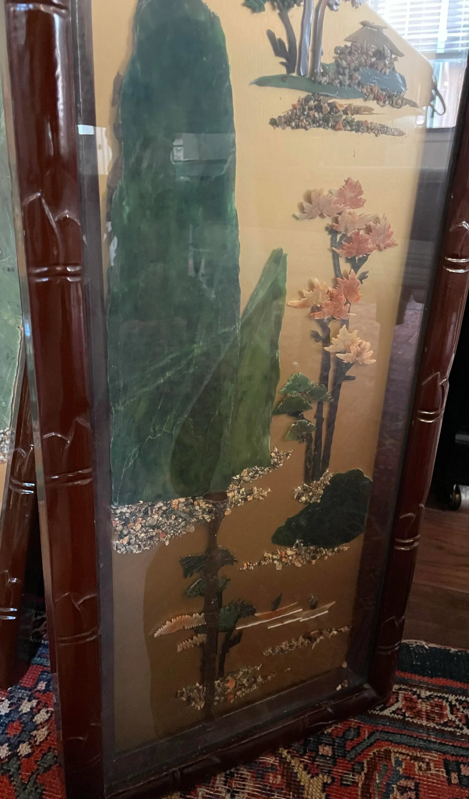 Vintage Chinese Four Seasons Inlaid Stone Four Panel Wood Screen - 11