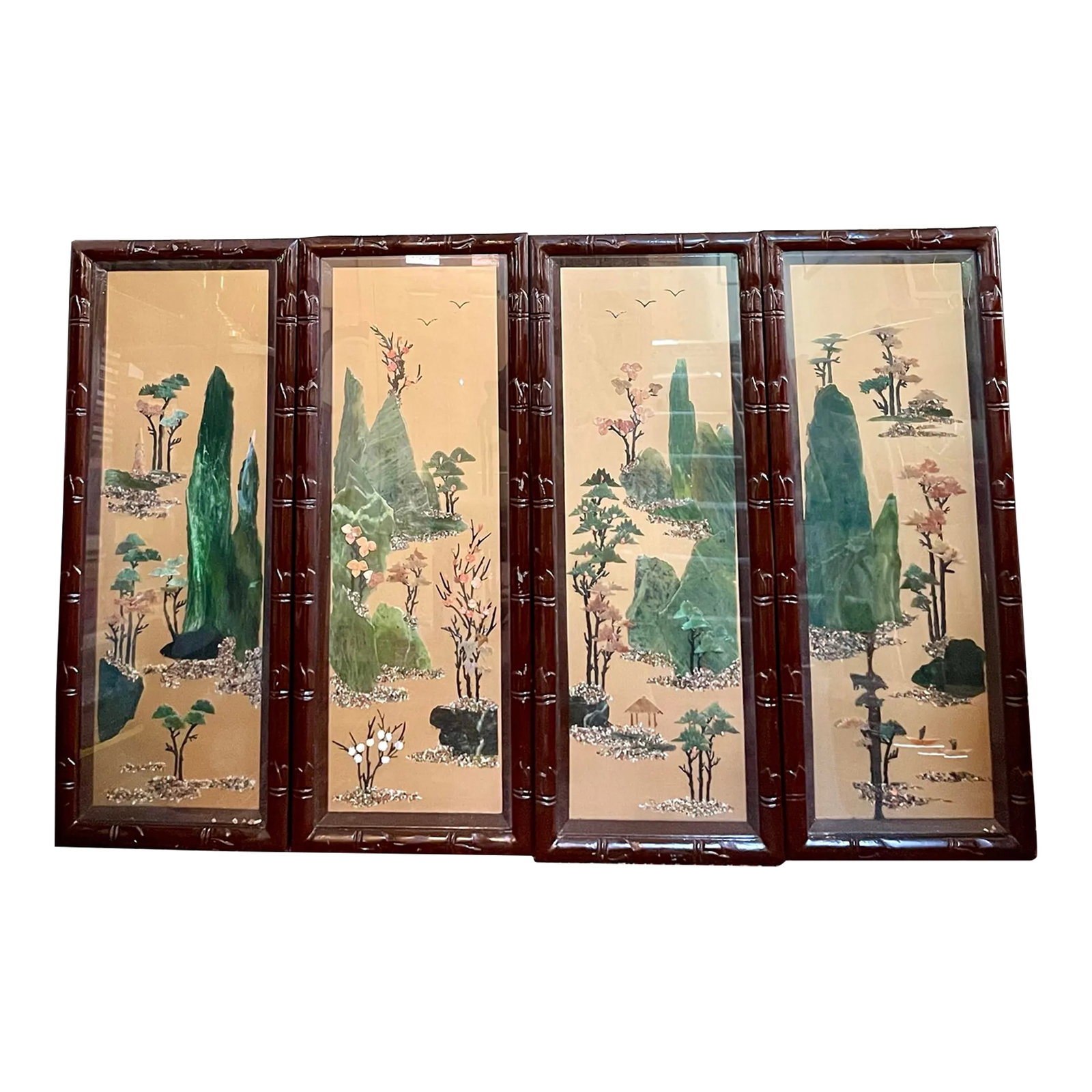 Vintage Chinese Four Seasons Inlaid Stone Four Panel Wood Screen (1 of 12)