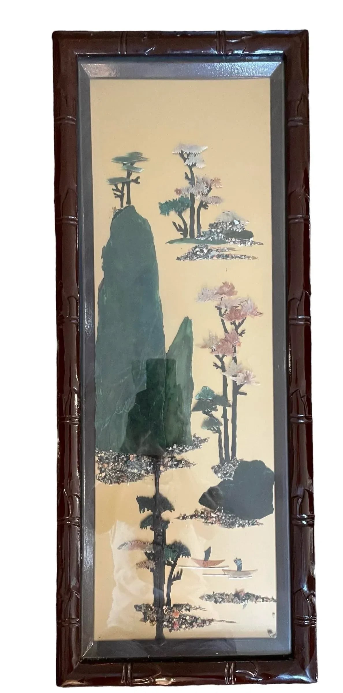 Vintage Chinese Four Seasons Inlaid Stone Four Panel Wood Screen - 2