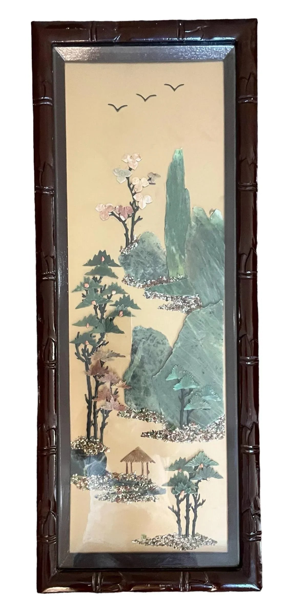 Vintage Chinese Four Seasons Inlaid Stone Four Panel Wood Screen - 3