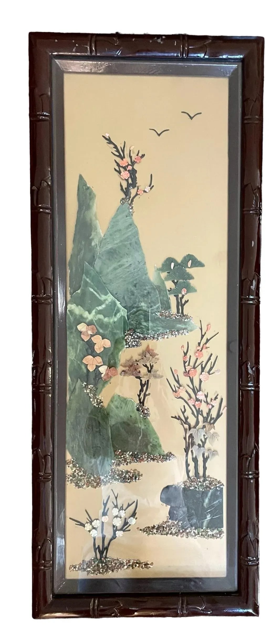 Vintage Chinese Four Seasons Inlaid Stone Four Panel Wood Screen - 4