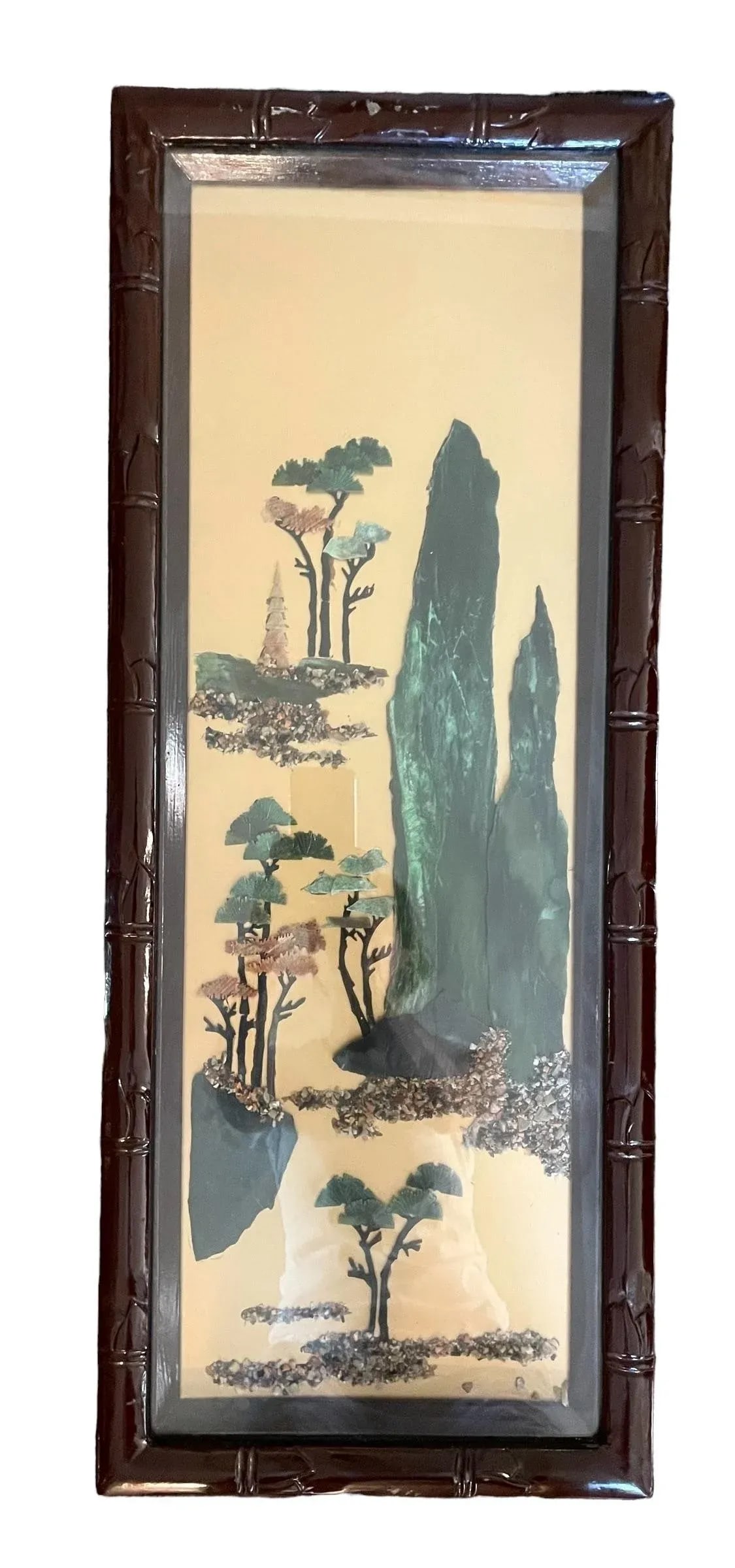 Vintage Chinese Four Seasons Inlaid Stone Four Panel Wood Screen - 5
