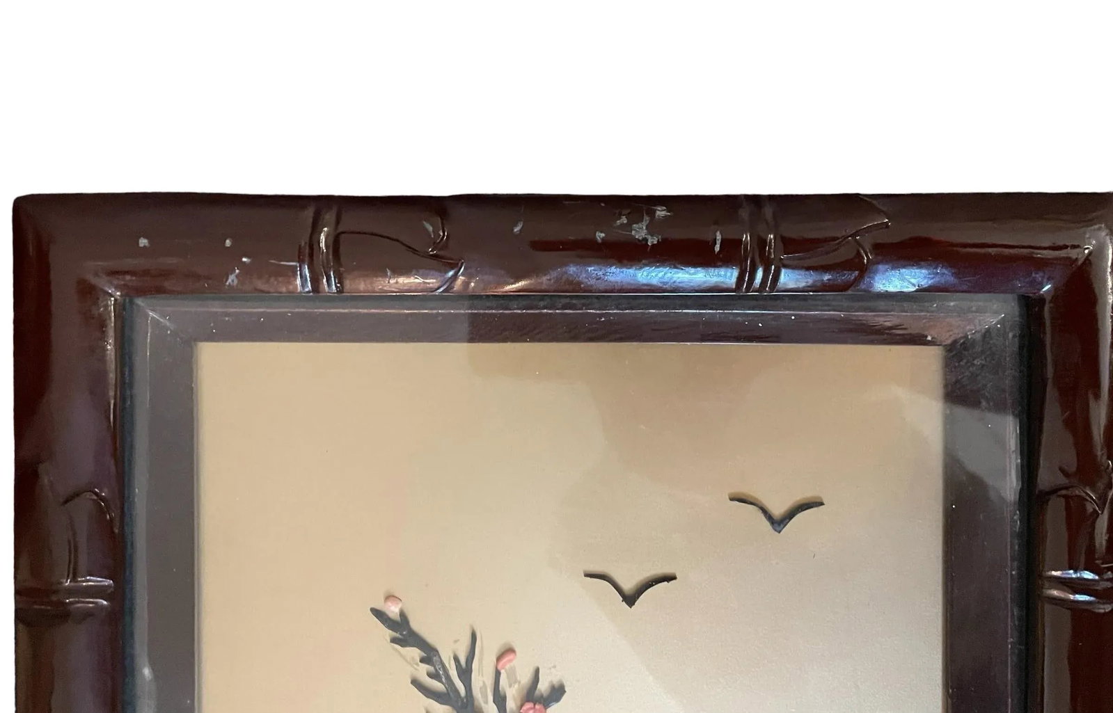 Vintage Chinese Four Seasons Inlaid Stone Four Panel Wood Screen - 9
