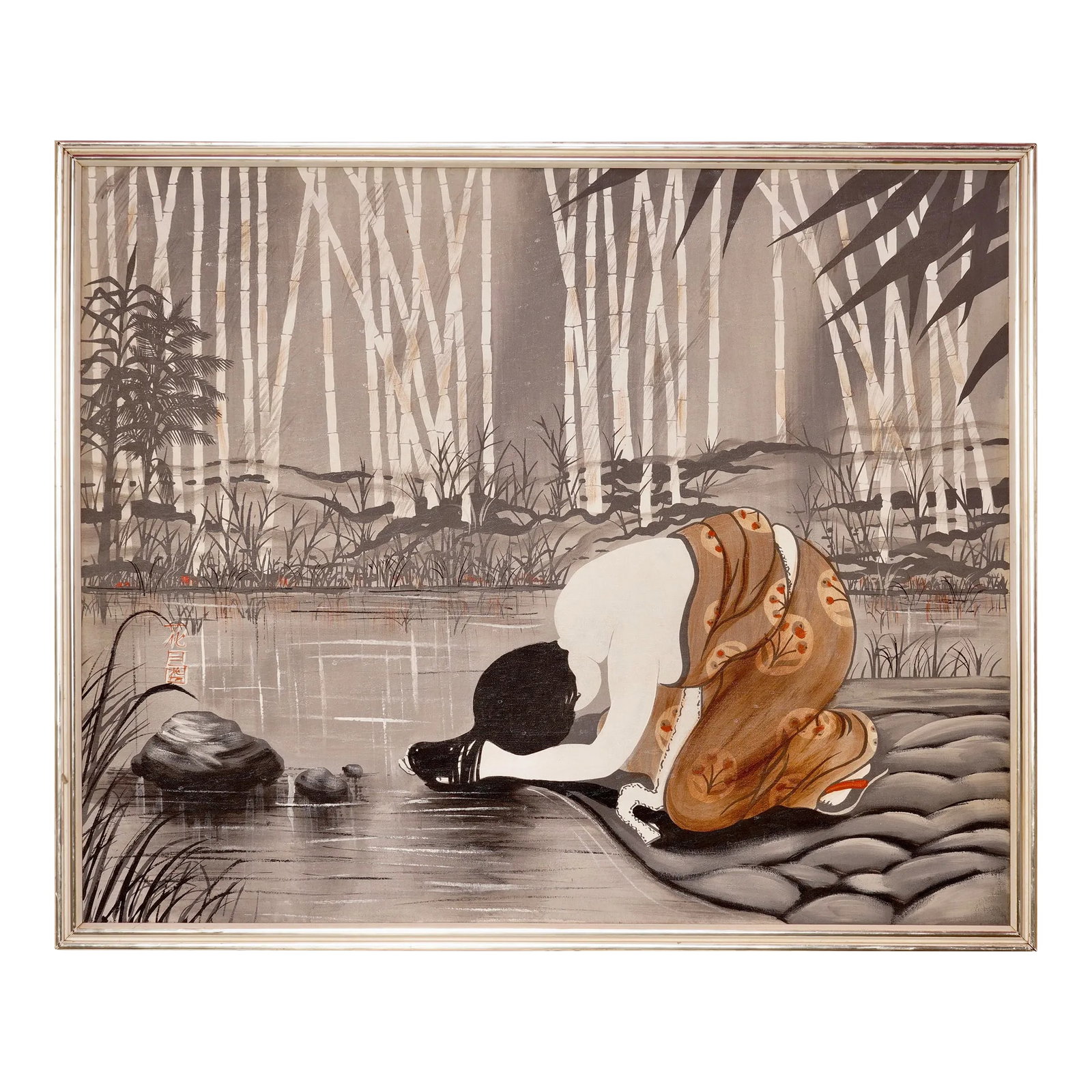 1970s Vintage Chinese Women Washing, Bamboo Oil on Canvas Framed Painting Signed: This stunning painting depicts a Chinese women washing in the river surrounded by bamboo trees in a tranquil natural setting. The artist has expertly utilized an create a modernist interpretation of t