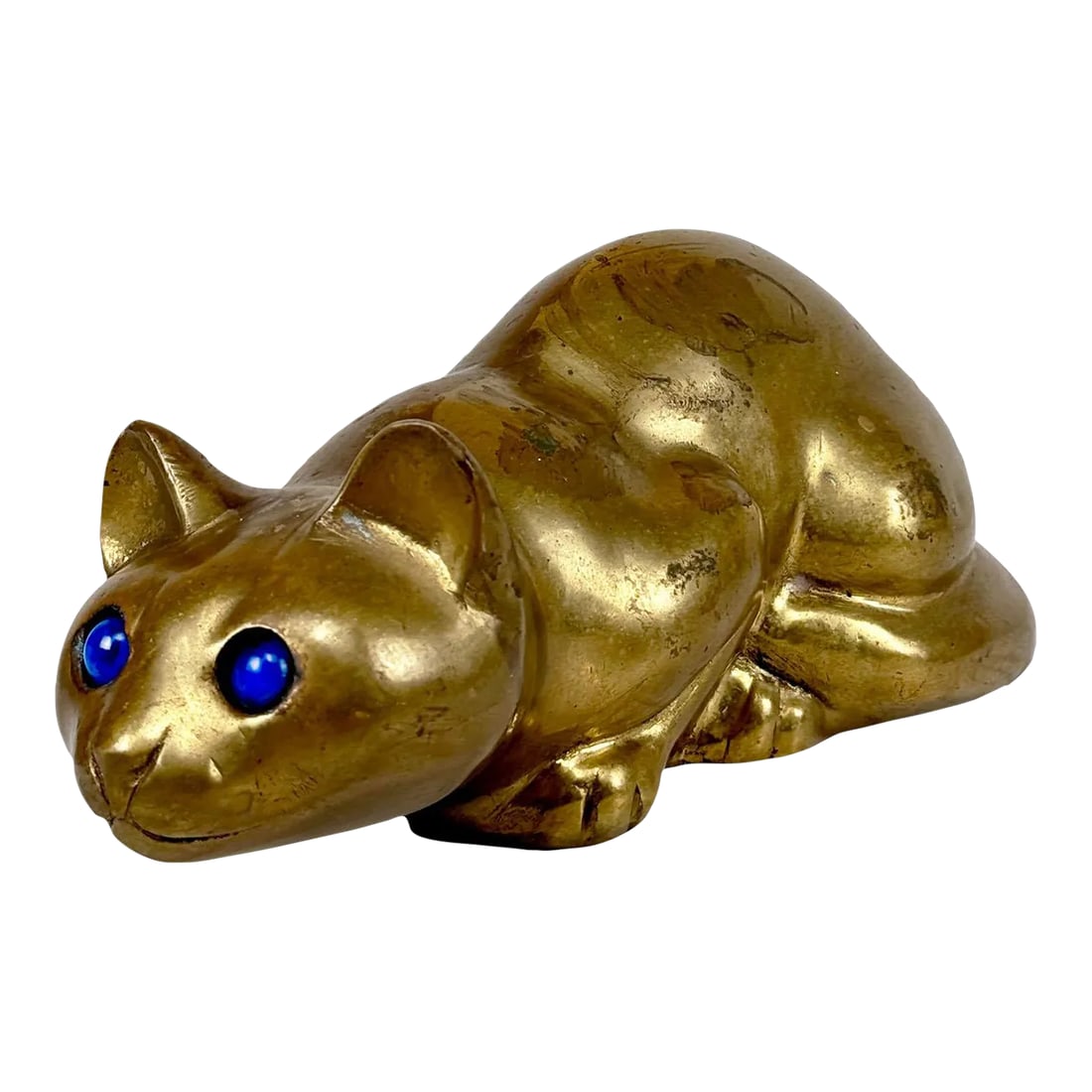Vintage 11" Traditional Brass Crouching Blue Eye Cat Sculpture: Vintage Traditional Brass Crouching Blue Eyed Cat Sculpture, c. Mid 20th Century - Pairs Nicely with Many Traditional & Eclectic Interiors - Crafted of Brass with Great Details - Unique Bright Blue Ey