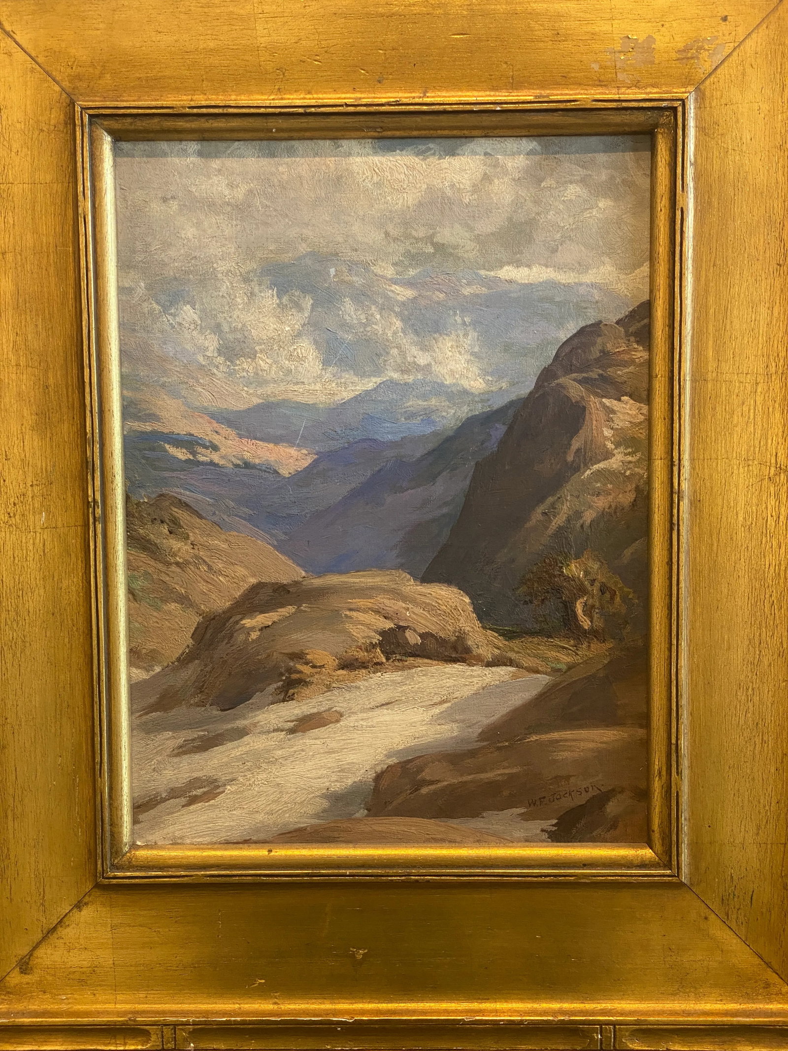 Antique Gold Framed Mountain Landscape Oil Painting on Canvas - 2