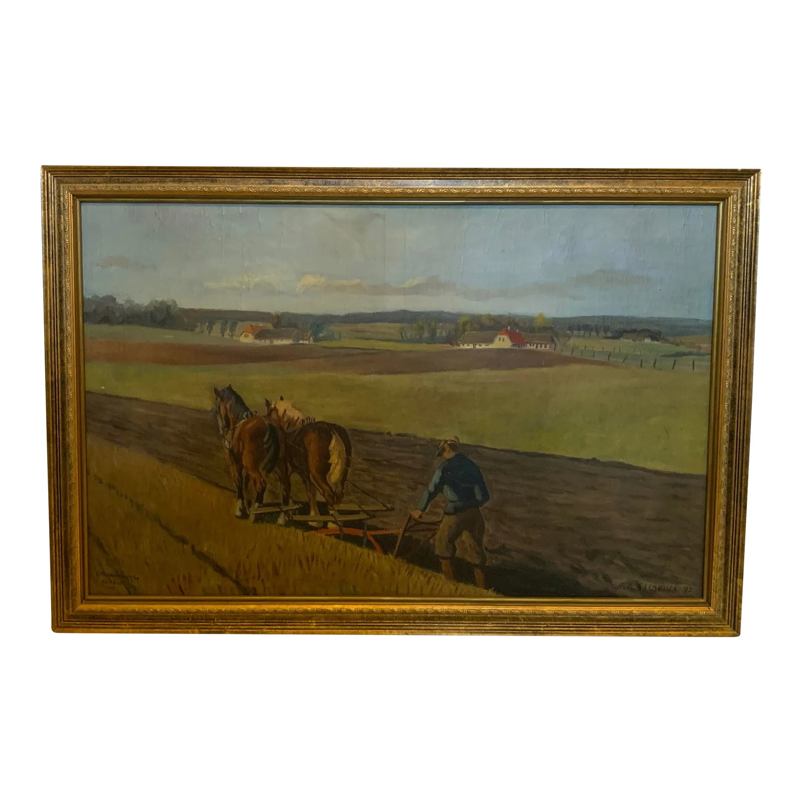 Vintage Farm Scene Oil Painting - Framed: This incredible large scale painting depicts a panoramic view of a farm scene. The farmer and his draft horses at work in the field have been skillfully captured. A few buildings are scattered across