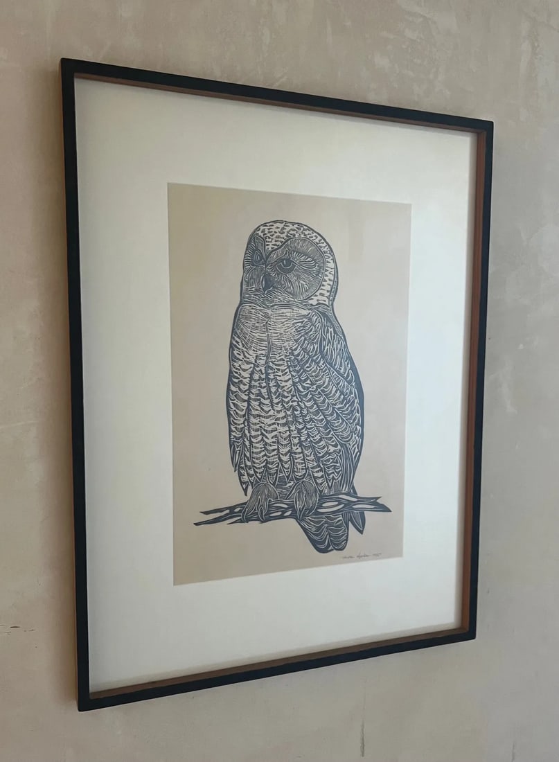 Owl Woodblock Letterpress Print Signed by Susan Acker, C. 1975 - 2