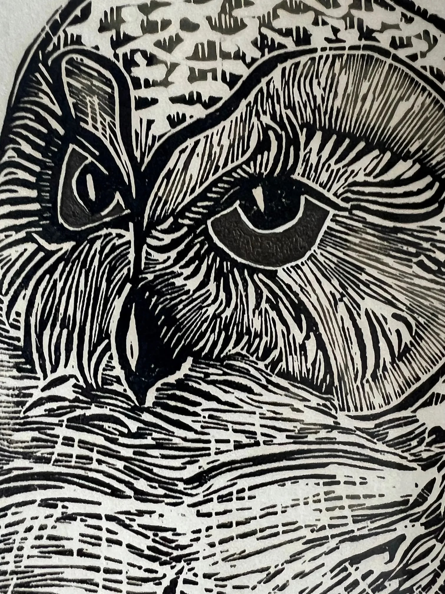 Owl Woodblock Letterpress Print Signed by Susan Acker, C. 1975 - 6