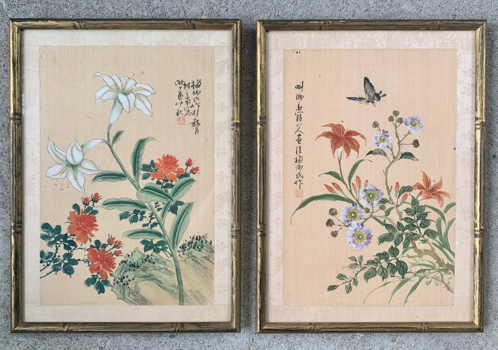Antique Chinese Floral Watercolor Gouache Silk Paintings in Bamboo Frames - 13