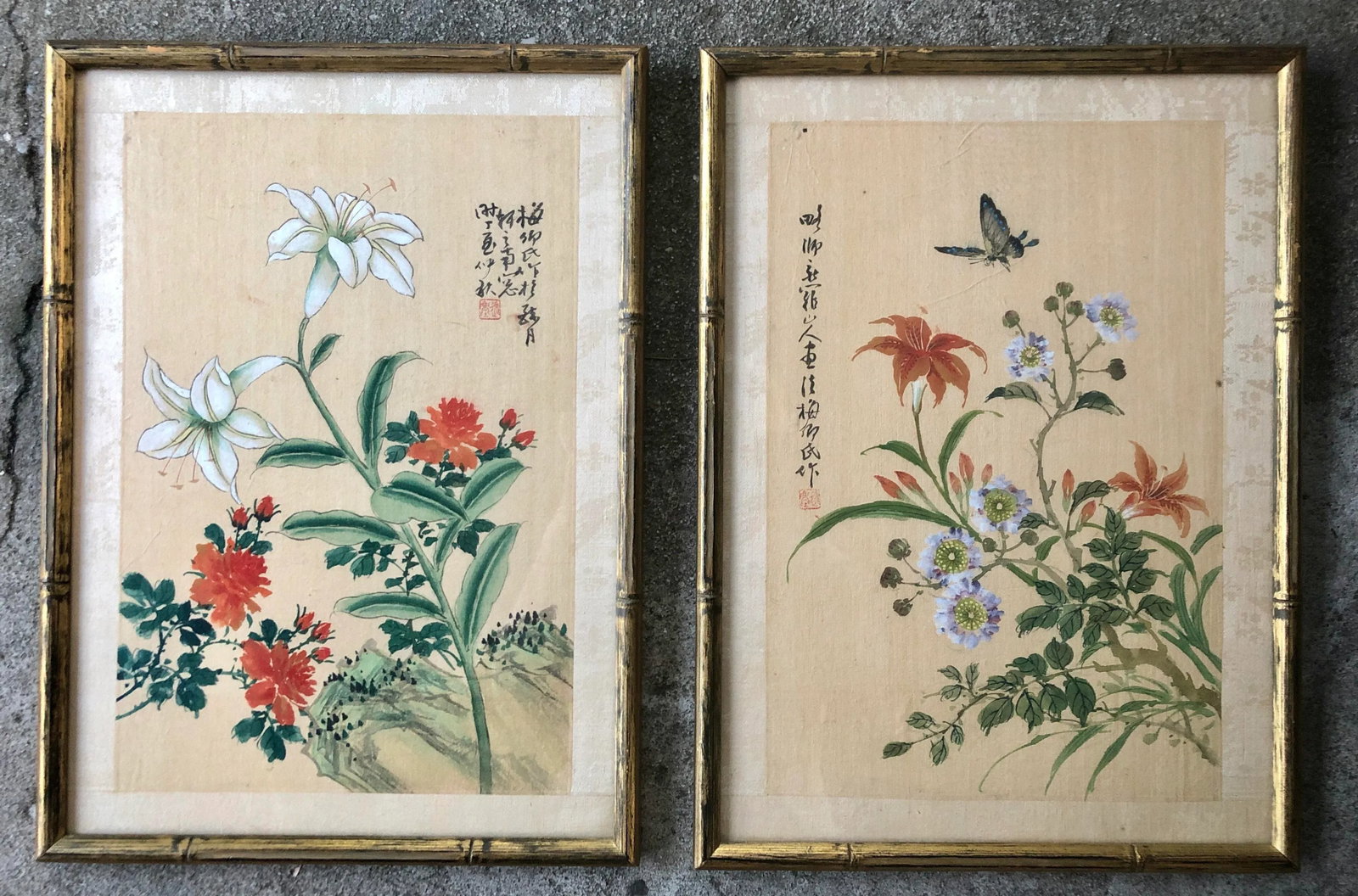 Antique Chinese Floral Watercolor Gouache Silk Paintings in Bamboo Frames - 2