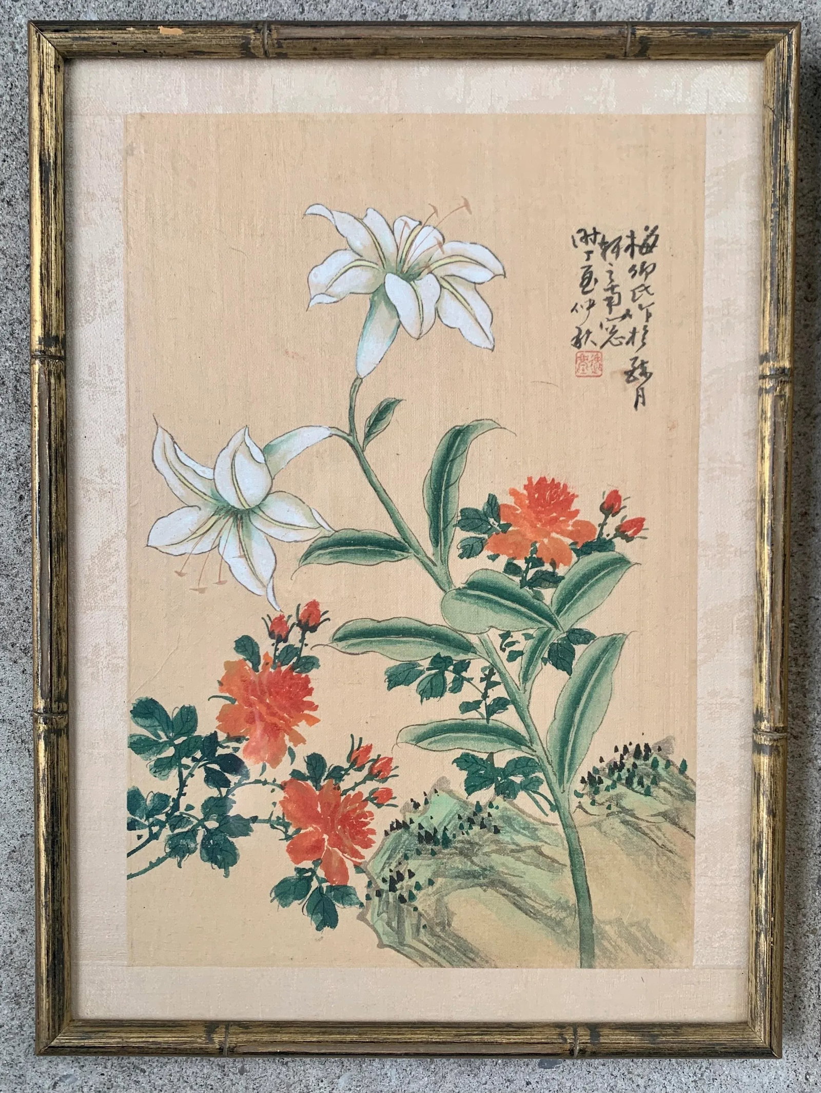 Antique Chinese Floral Watercolor Gouache Silk Paintings in Bamboo Frames - 3