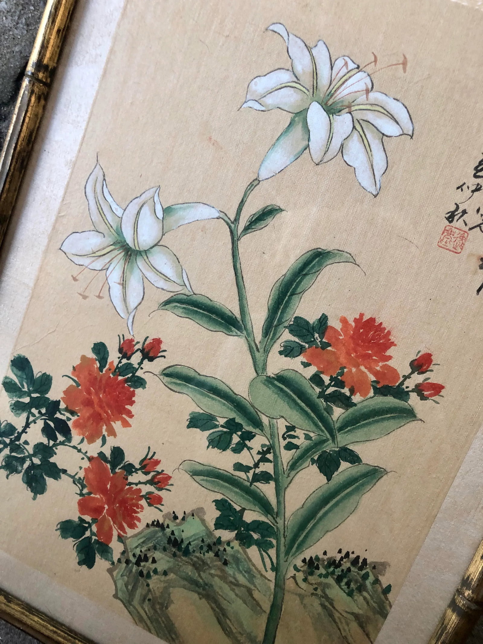 Antique Chinese Floral Watercolor Gouache Silk Paintings in Bamboo Frames - 4