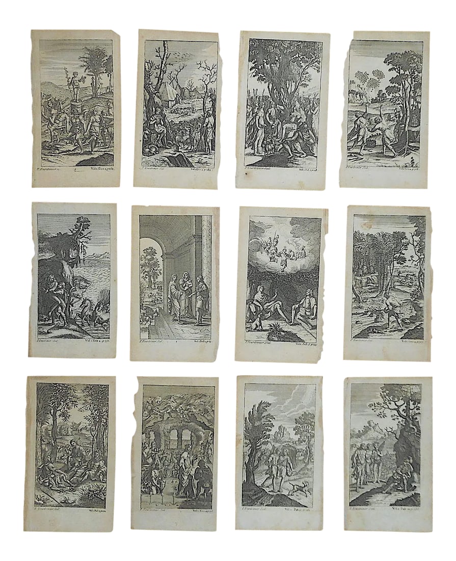 Antique 17th C. Engravings-Mythology-France-3.5"x6.5"-Set of 12: This set of twelve (12) authentic diminutive 17th century wood engravings depict scenes from Roman or Greek mythology. They were printed in France on handmade paper on one side only..Very well drawn a