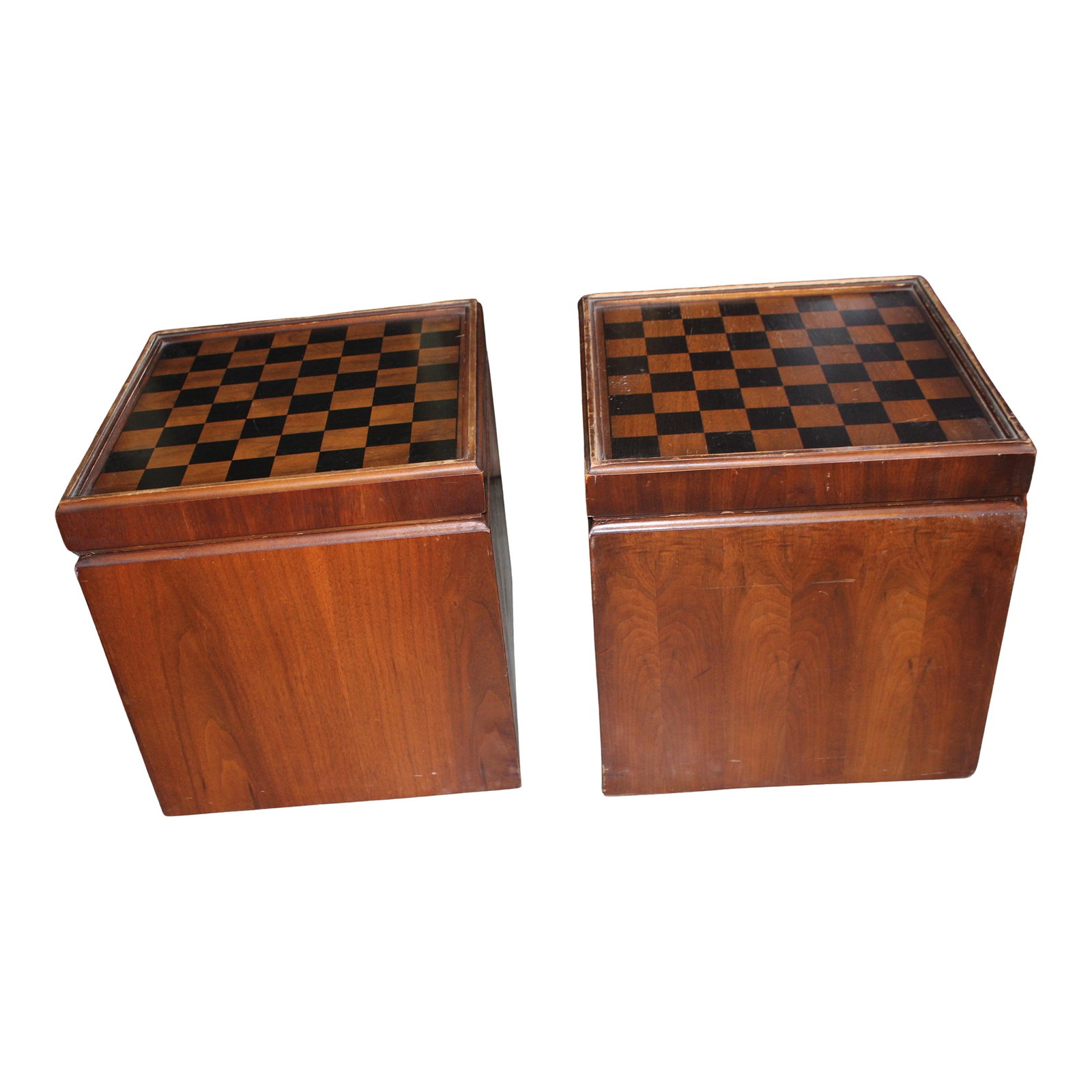 1960s Pair of Mid-Century Modern Lane Furniture Cube Storage Ottomans: Dual purpose ottomans from Lane Furniture Company. Mid-Century Modern. Can be used for storage, seating or chess. Condition: Alterations: Original Condition Unaltered Imperfections: Some