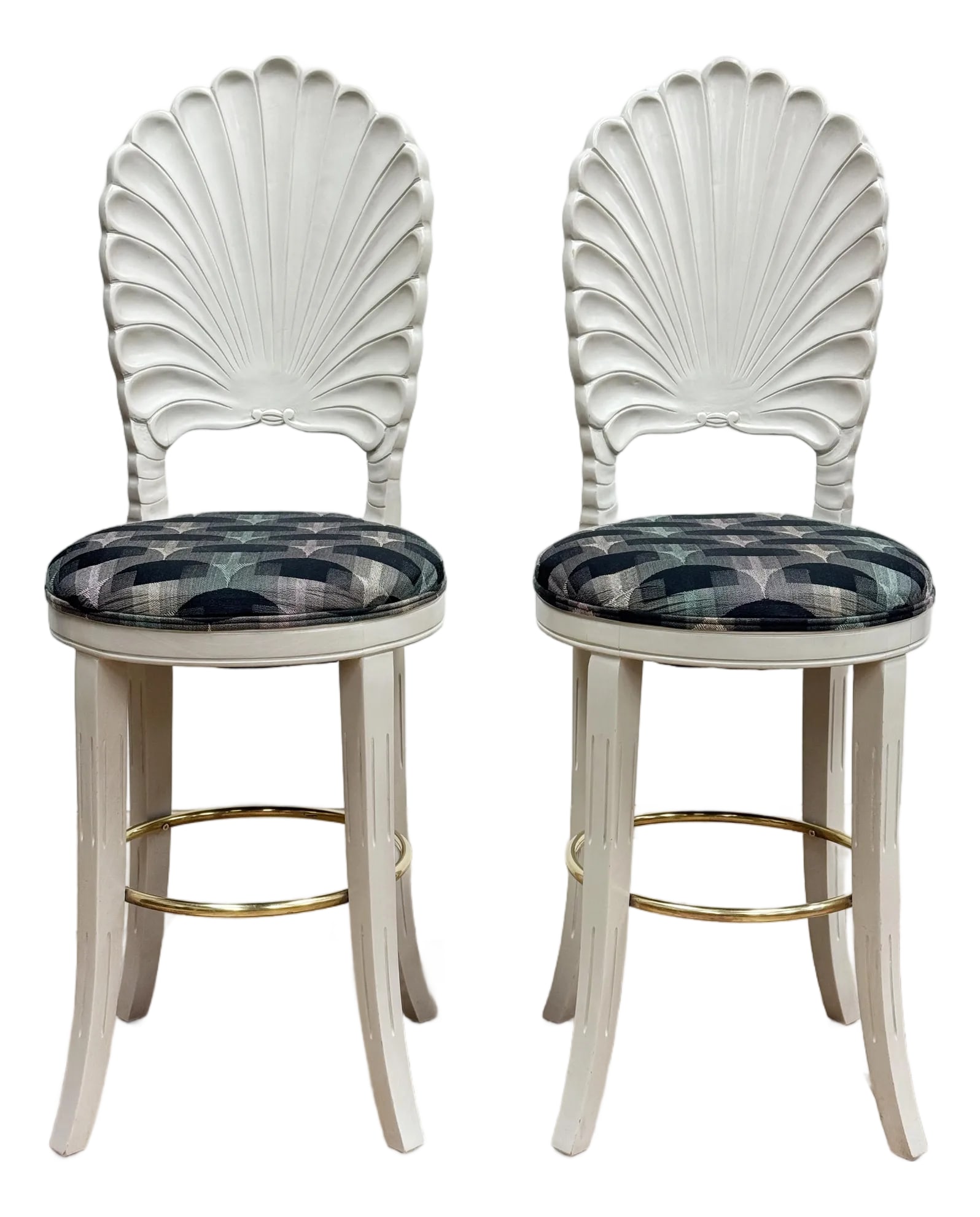 Vintage Coastal Regency Grotto Style Shell Back Counter Stools, a Pair: Fabulous pair of vintage coastal carved wood Grotto shell back counter stools. Feature classic fan back shape with original fabric. Finish is a light greige with brass ring at the base. Beautiful pair