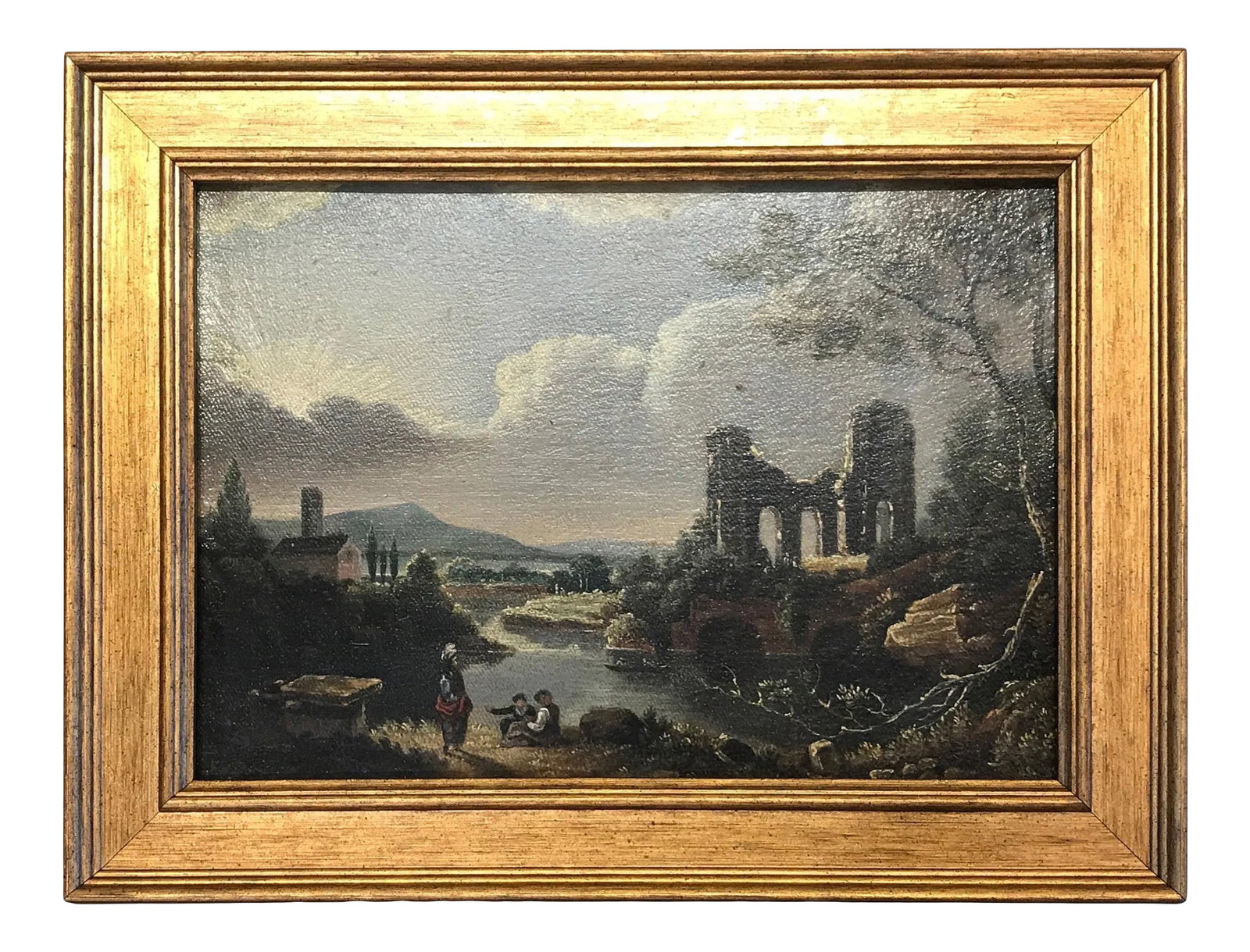 Mid 19th Century "Ruins" European Architectural Ruins with Landscape Oil Painting, Framed: English oil on canvases of a village scene with ruins and river. The painting has been re-scratched and a recent gilt wood frame. England, circa 1850, 11 inches wide, 8.5 inches tall framed, Unframed 