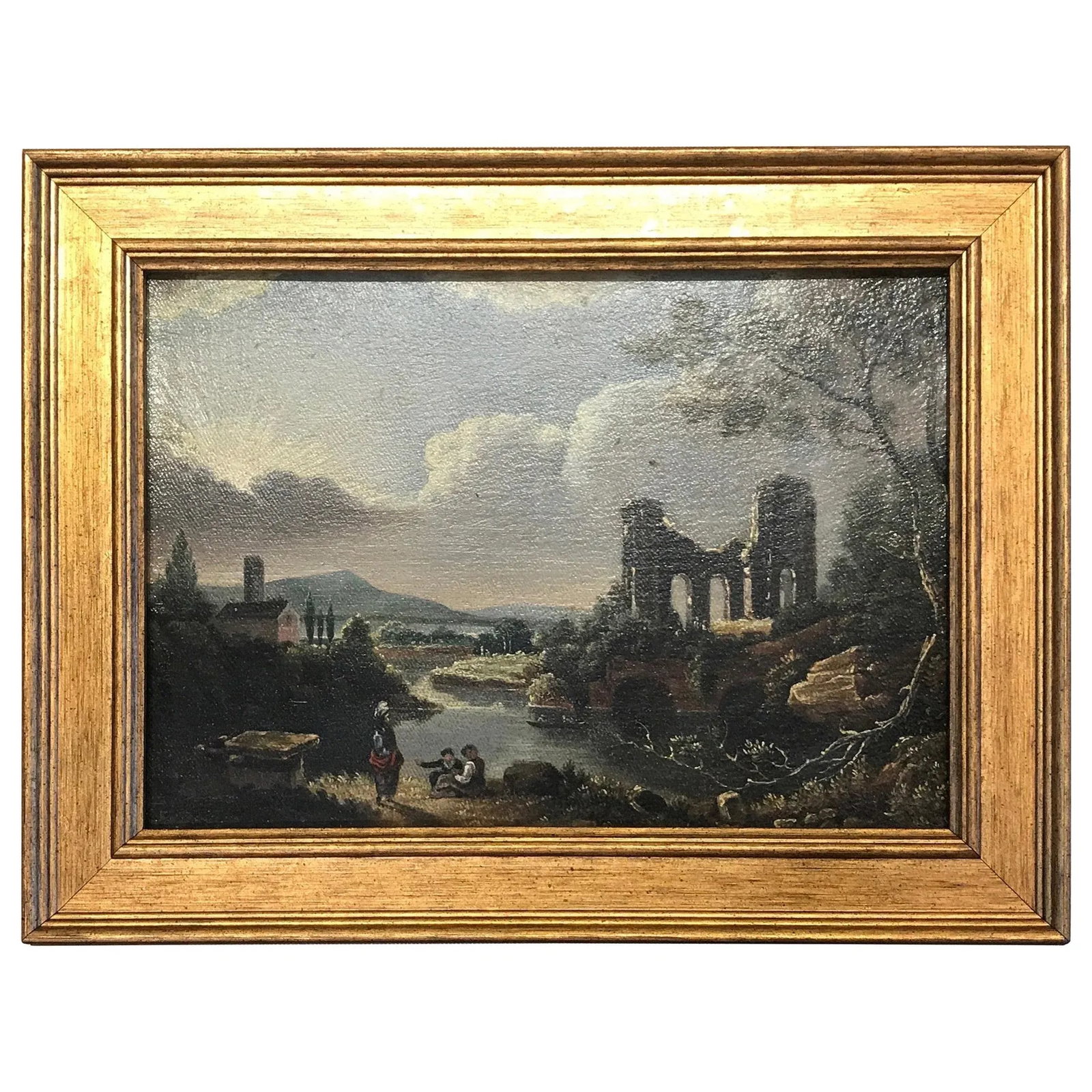 Mid 19th Century "Ruins" European Architectural Ruins with Landscape Oil Painting, Framed - 8