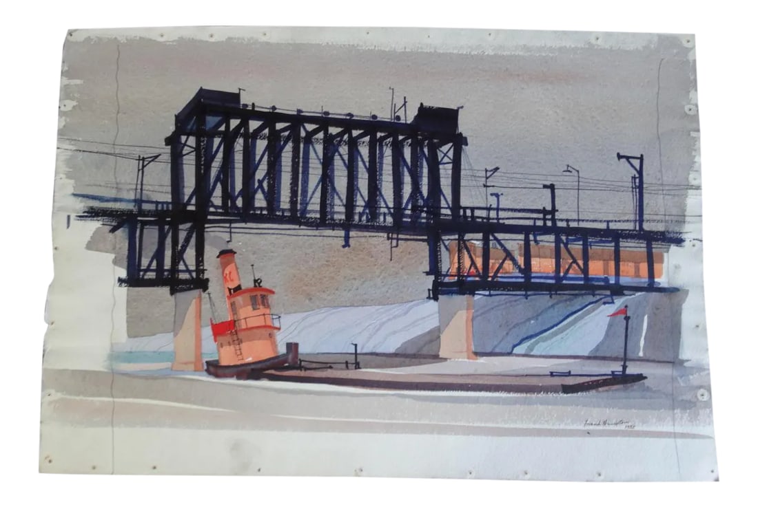 Frank Moss Hamilton Drop Bridge 1952 Industrial Landscape Watercolor Painting: A lovely entrant in one of our favorite categories, the Industrial scene. Done with mid-century modern panache. Measures 15" x 22" From Kansas City, Missouri, Frank Moss Hamilton became a noted waterc