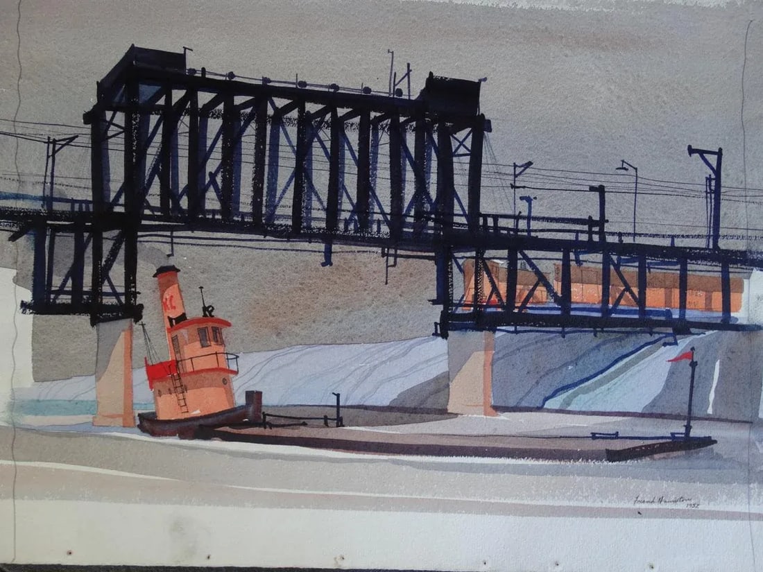 Frank Moss Hamilton Drop Bridge 1952 Industrial Landscape Watercolor Painting - 2