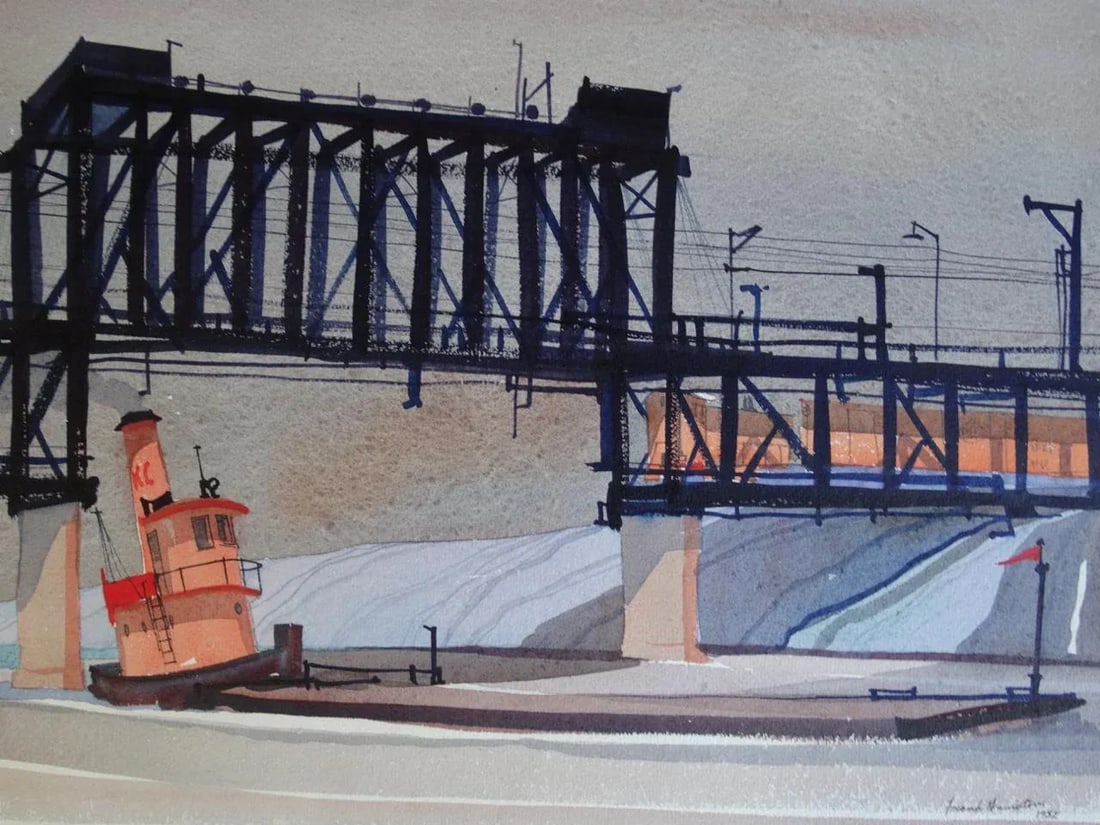 Frank Moss Hamilton Drop Bridge 1952 Industrial Landscape Watercolor Painting - 3