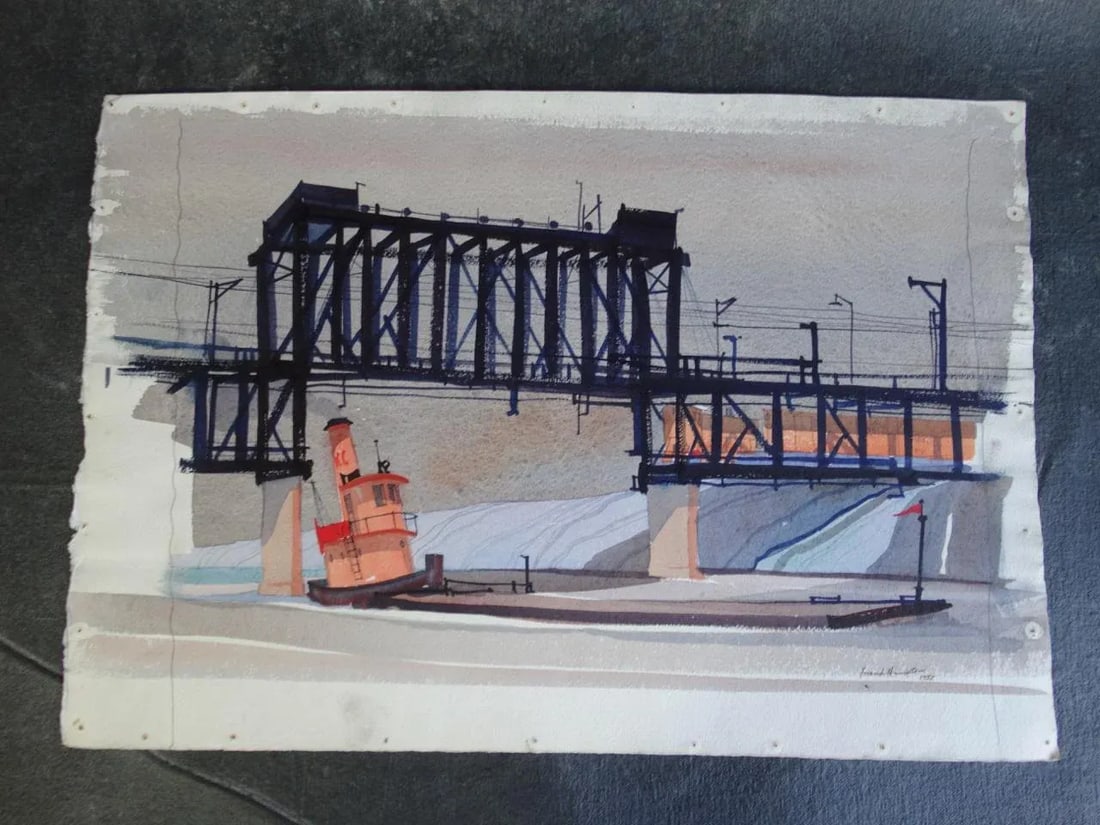 Frank Moss Hamilton Drop Bridge 1952 Industrial Landscape Watercolor Painting - 5