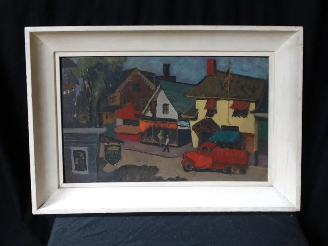 New England Modernist Village Scene Oil on Board - 11
