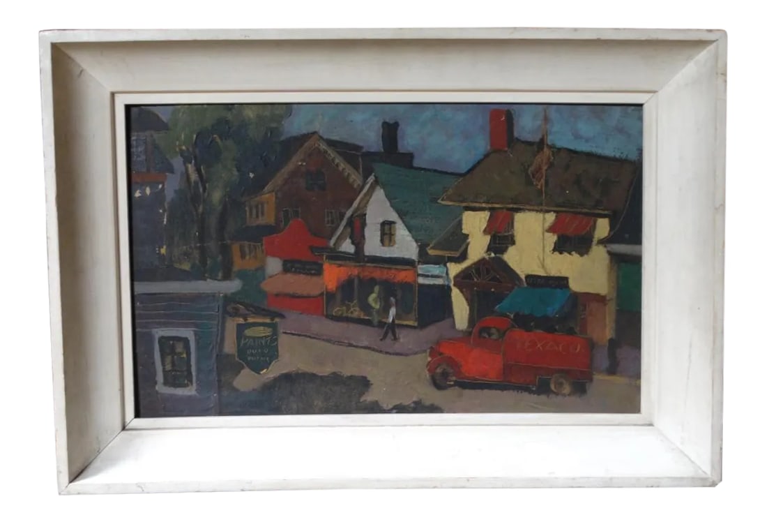 New England Modernist Village Scene Oil on Board: New England Modernist Village Scene, oil on board, white frame. A real charmer. Art is 19.75" x 20.25", Deep frame 24" x 16.5" x 3". Unsigned. Condition: Alterations: Original Condition Unaltered Impe