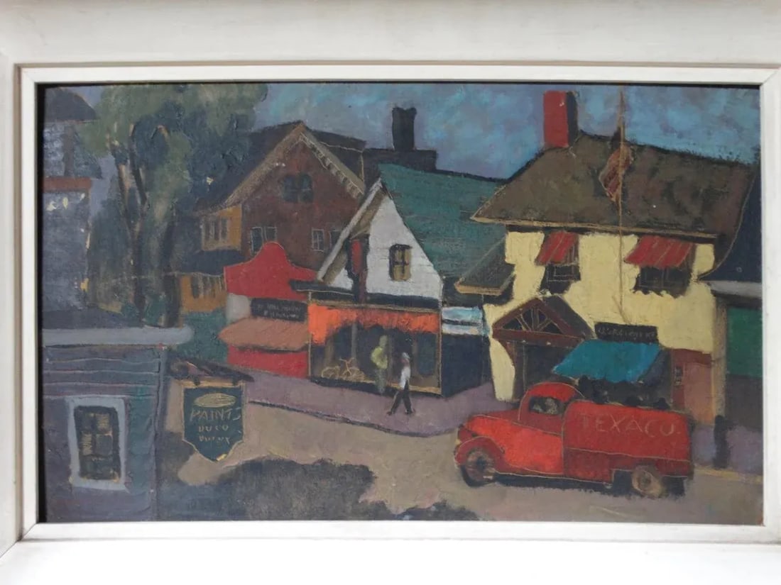 New England Modernist Village Scene Oil on Board - 3