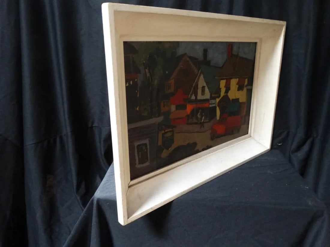 New England Modernist Village Scene Oil on Board - 9