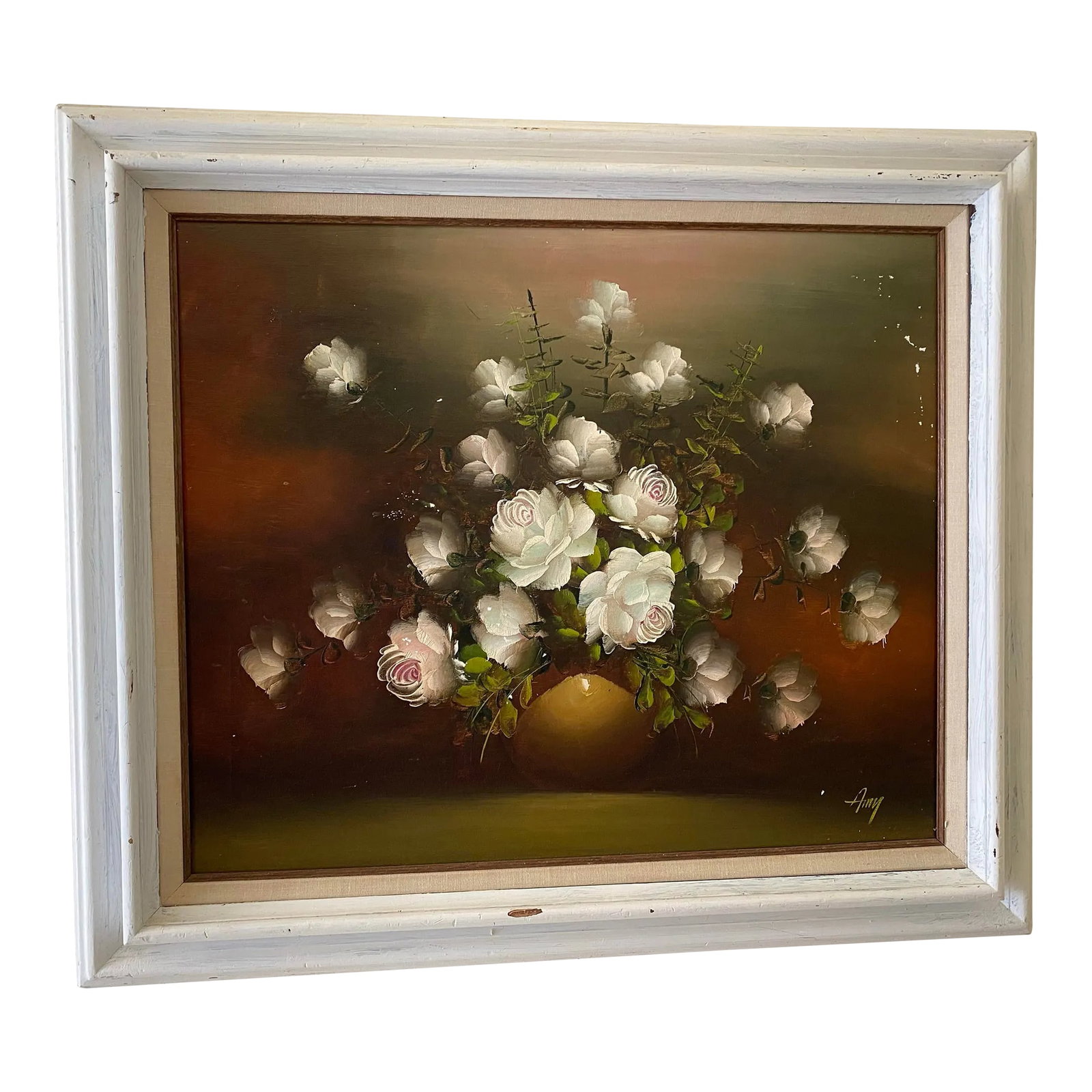 Vintage 1950s Shabby Chic White Roses Oil Painting- Signed, Framed: A beautifully executed mid century vintage oil painting featuring an elegant bouquet of white roses with delicate pink highlights, set against a rich, moody brown and green background. Signed "Amy" in