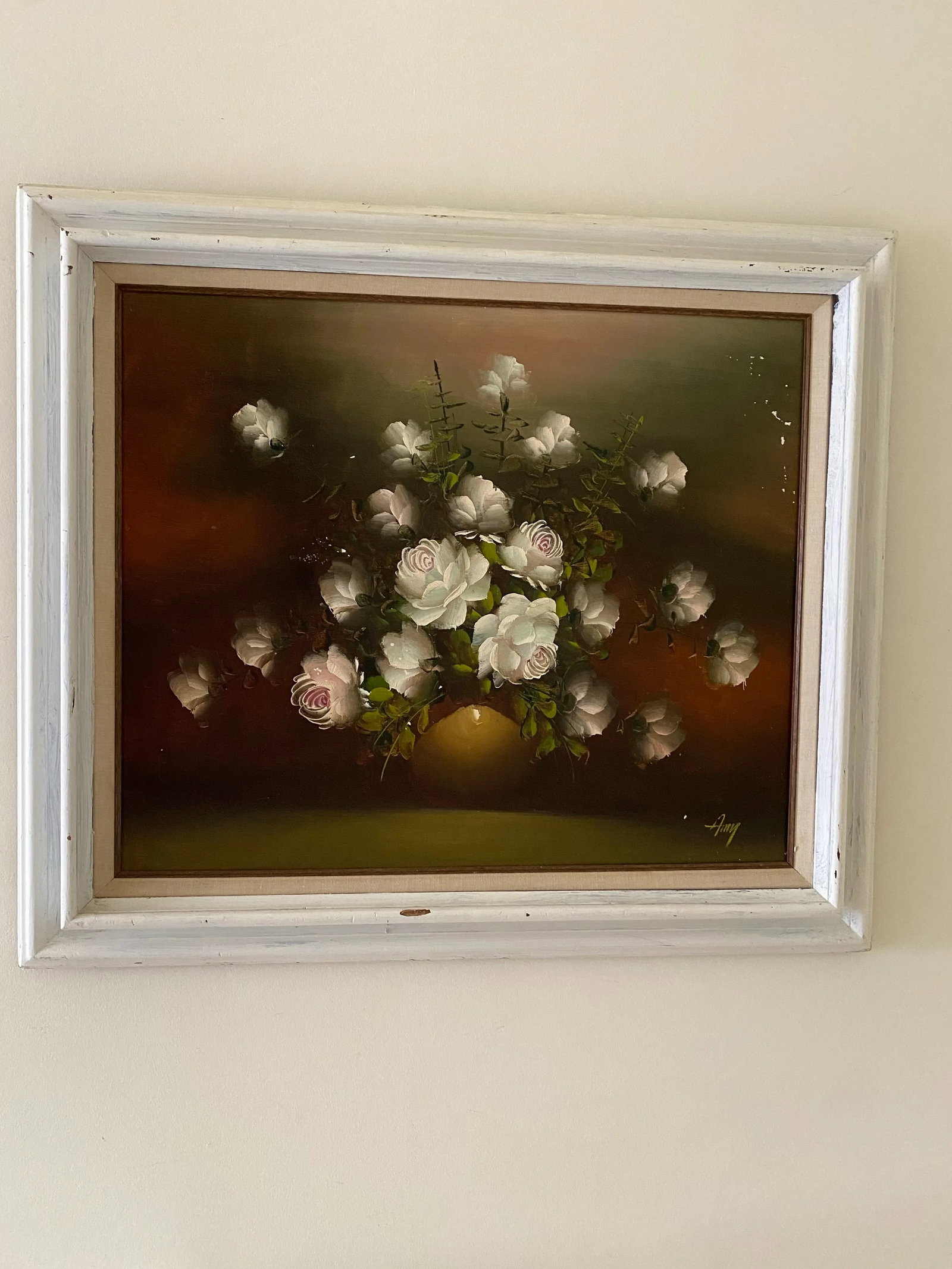 Vintage 1950s Shabby Chic White Roses Oil Painting- Signed, Framed - 3