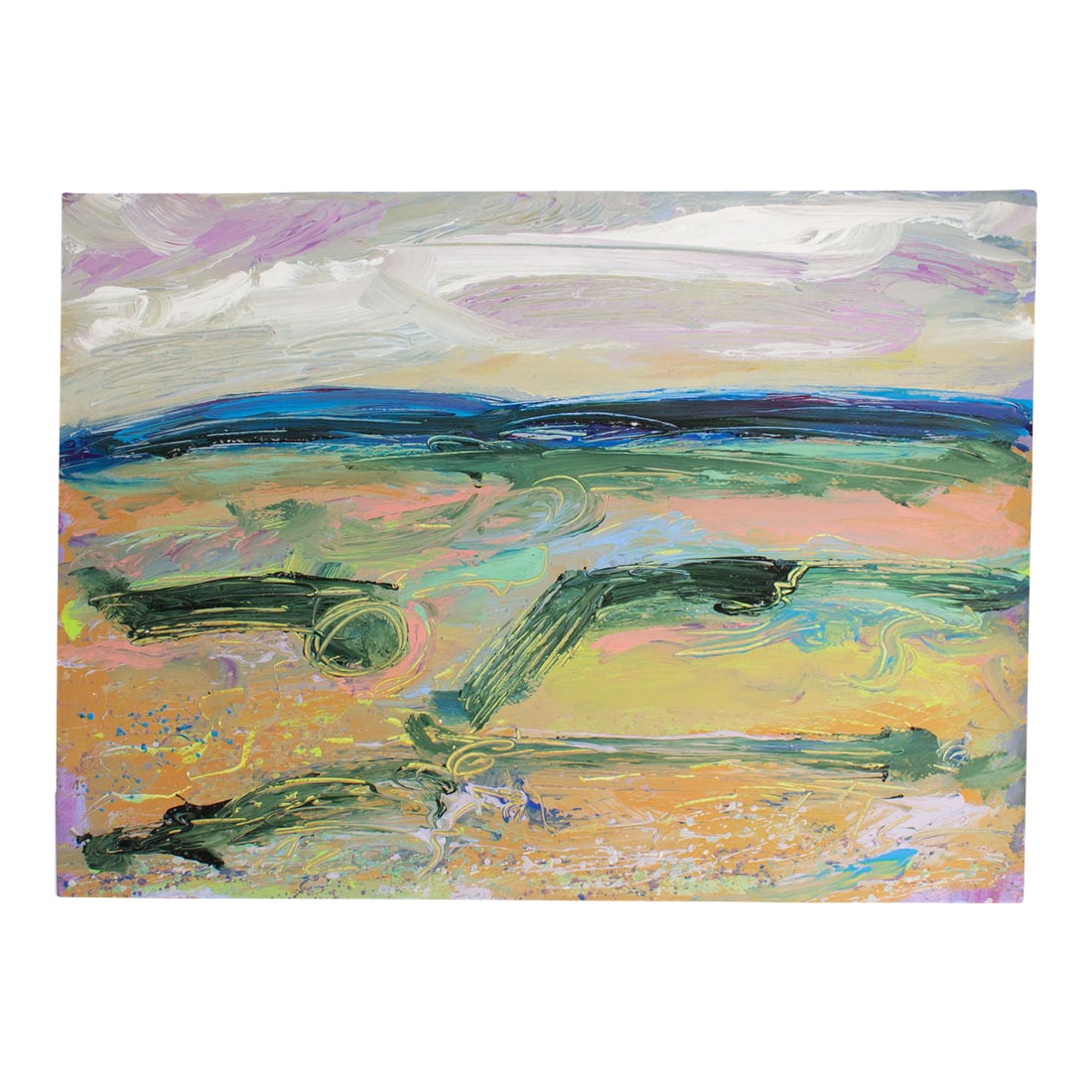 Abstract Acrylic on Paper Landscape Painting by Harry Hilson: An acrylic on paper painting by the American artist Harry Hislon (1935-2004). This abstract work depicts a landscape in green, blue, purple, and orange with frenetic brushstrokes. Unframed, the painti